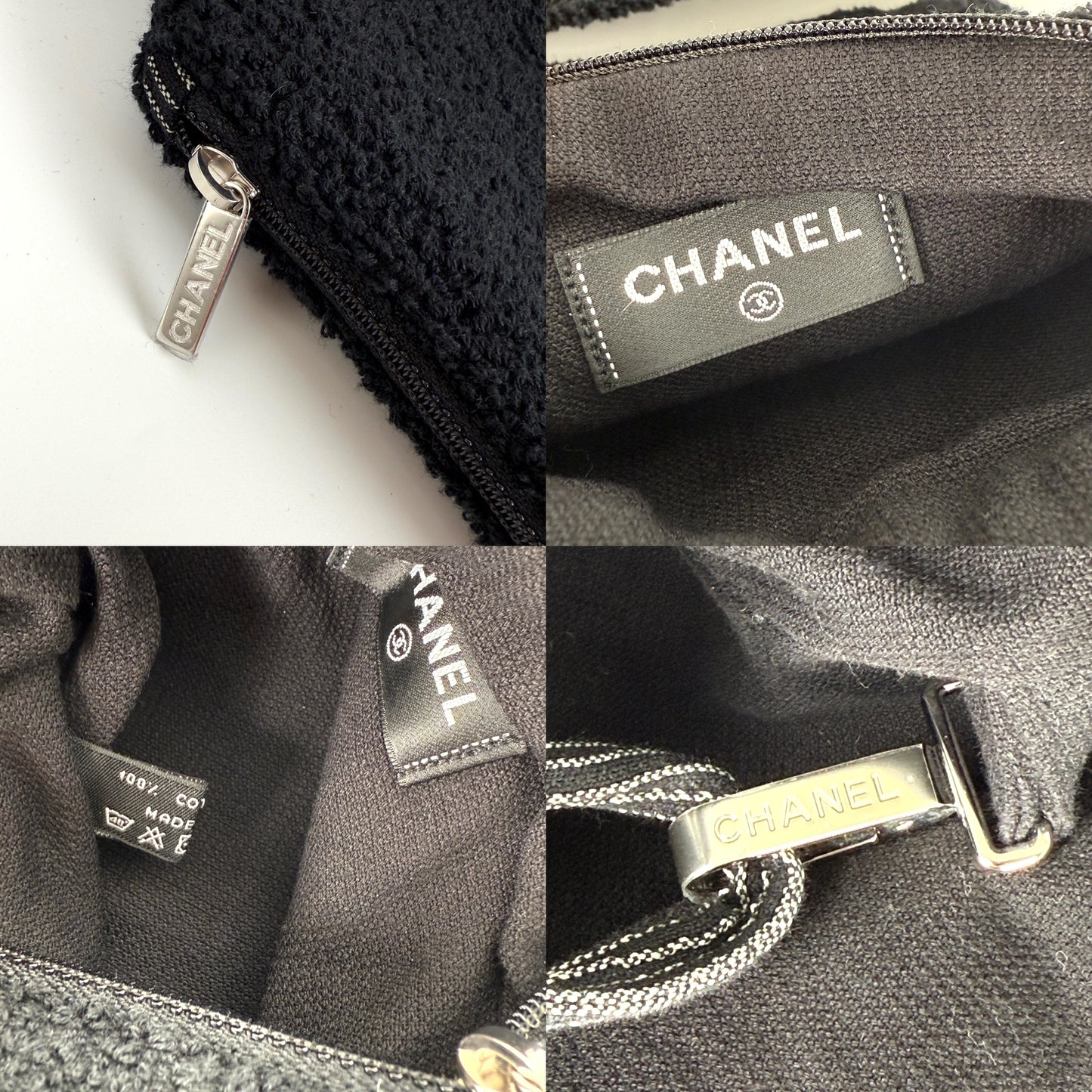 CHANEL Terry Cotton Fringe CC Logo Black Ecru Beach Shopping Tote with Pouch and Towel