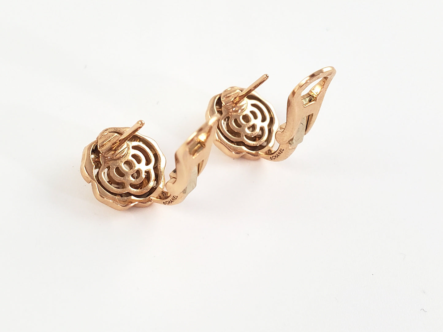 CHANEL 18k Rose Gold Diamond Extract De Camelia Stud Earrings