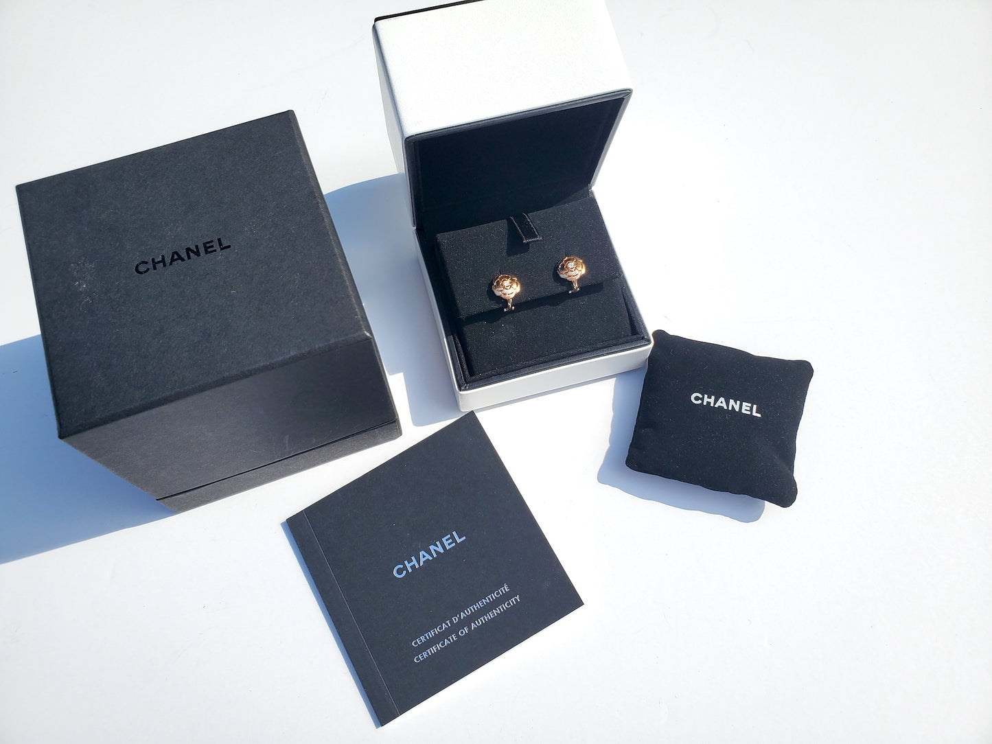 CHANEL 18k Rose Gold Diamond Extract De Camelia Stud Earrings