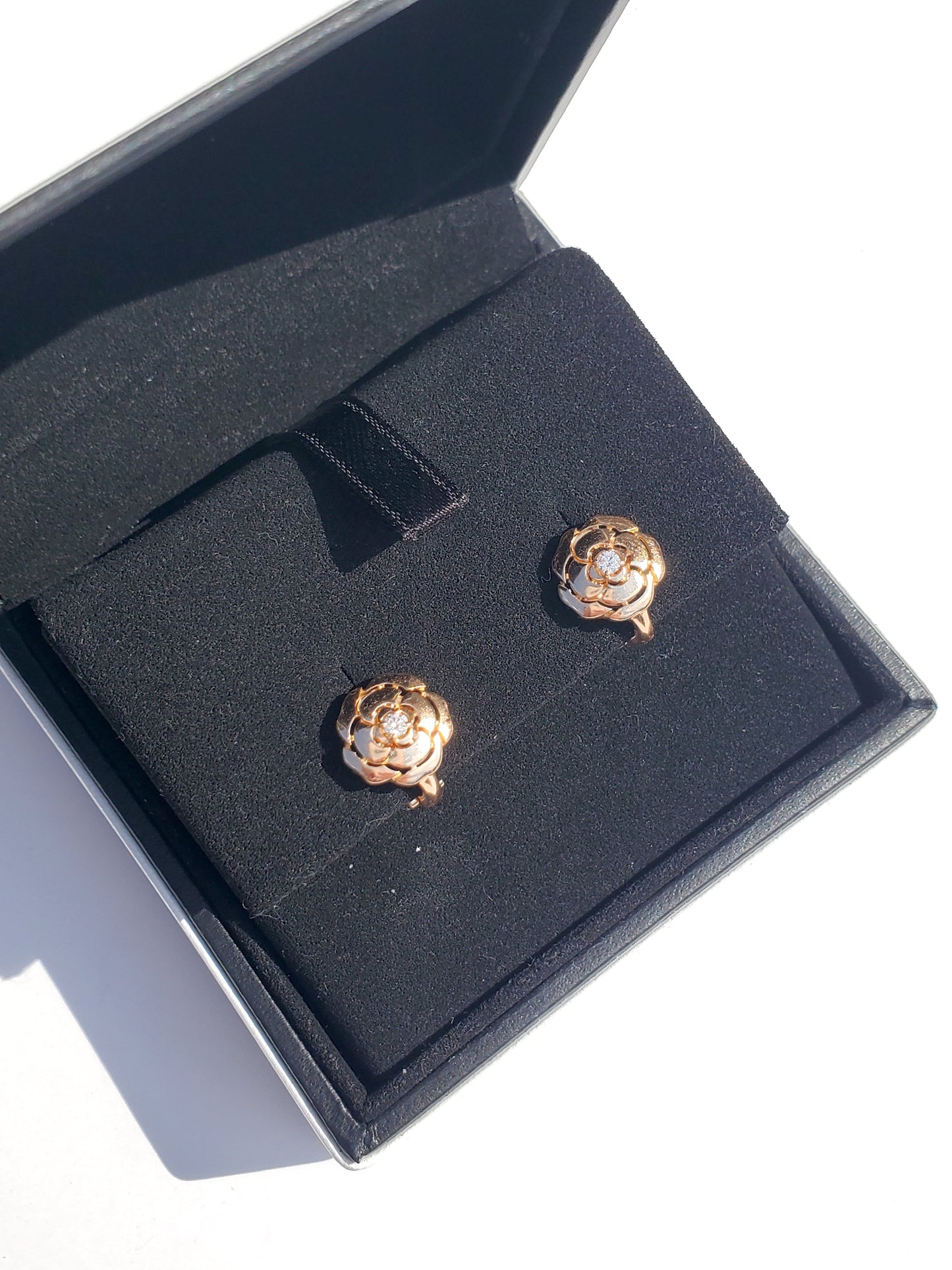 CHANEL 18k Rose Gold Diamond Extract De Camelia Stud Earrings