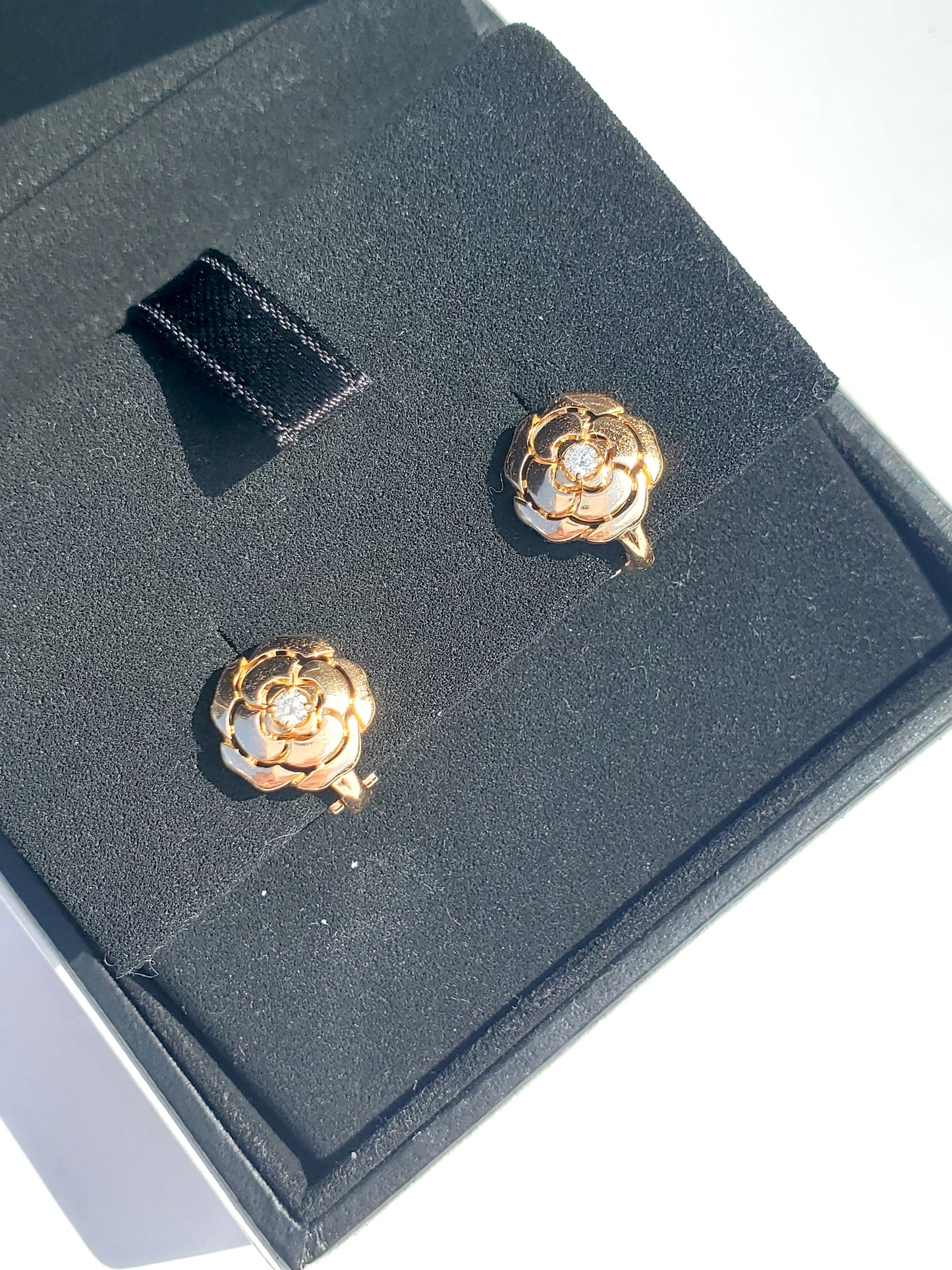 CHANEL 18k Rose Gold Diamond Extract De Camelia Stud Earrings