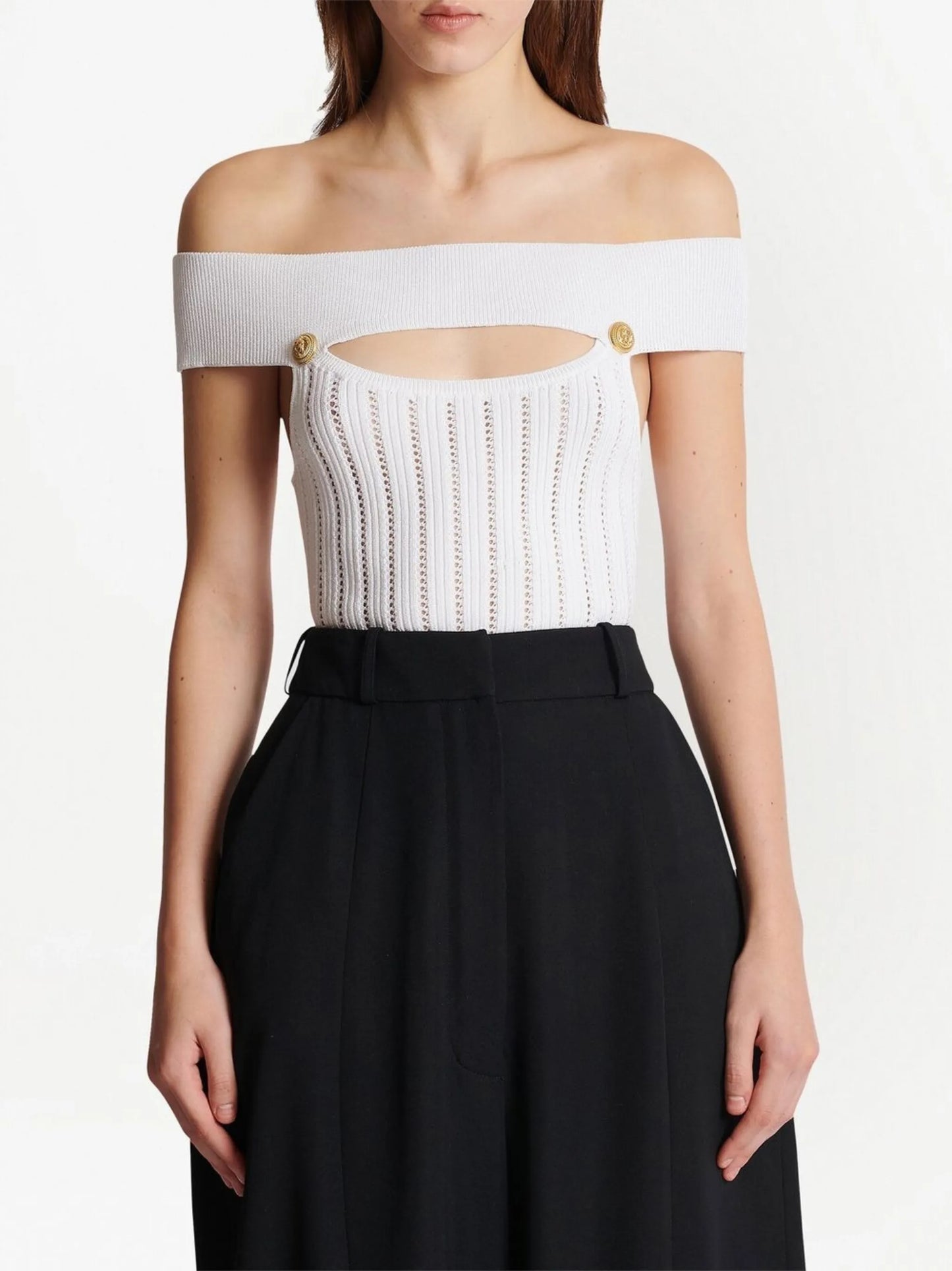 Balmain Openwork White Sleeveless Pointelle Knit Bodysuit 2024 Top 40 6 8