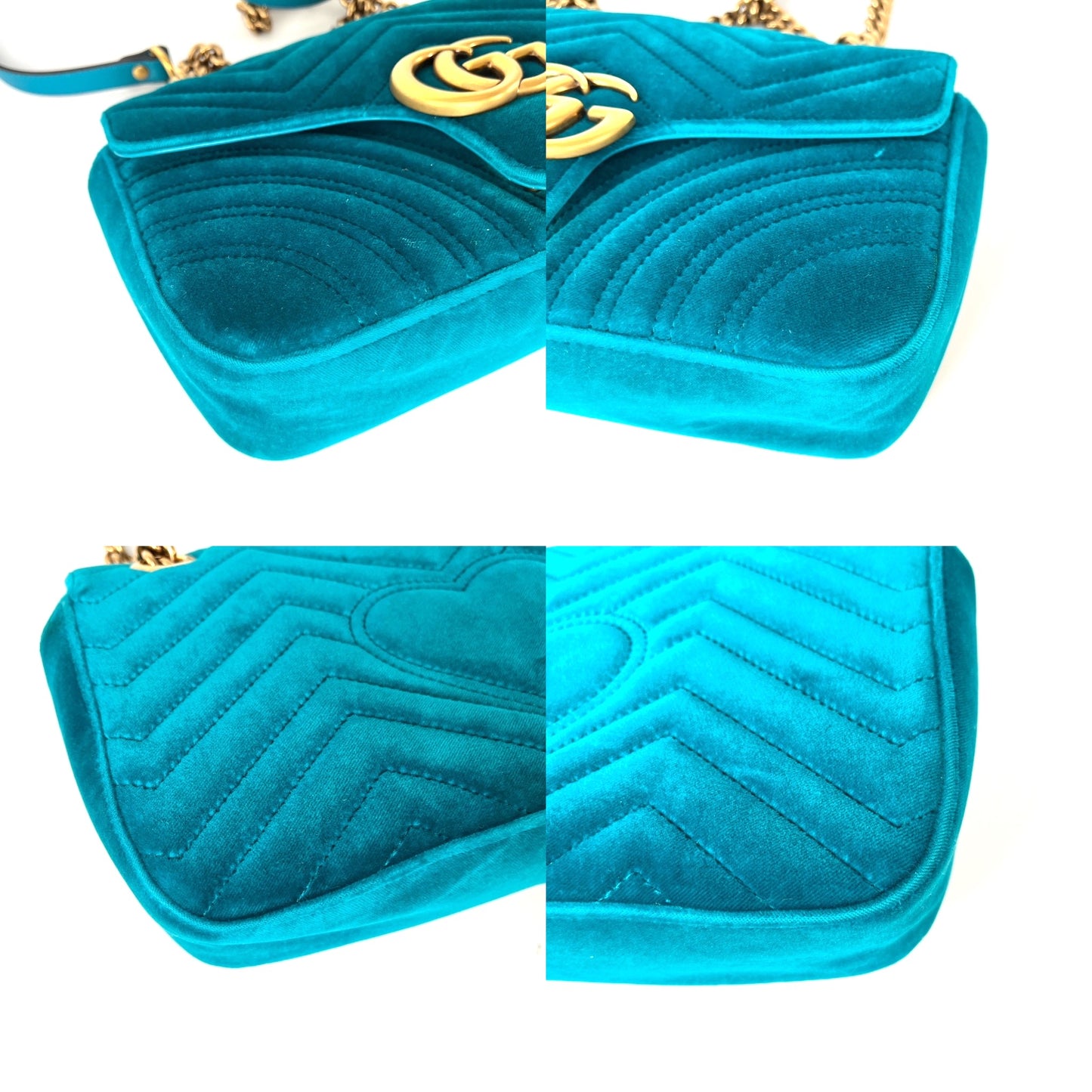 GUCCI Marmont Matelasse Small Velvet GG Pavone Cyan Crossbody Shoulder Bag