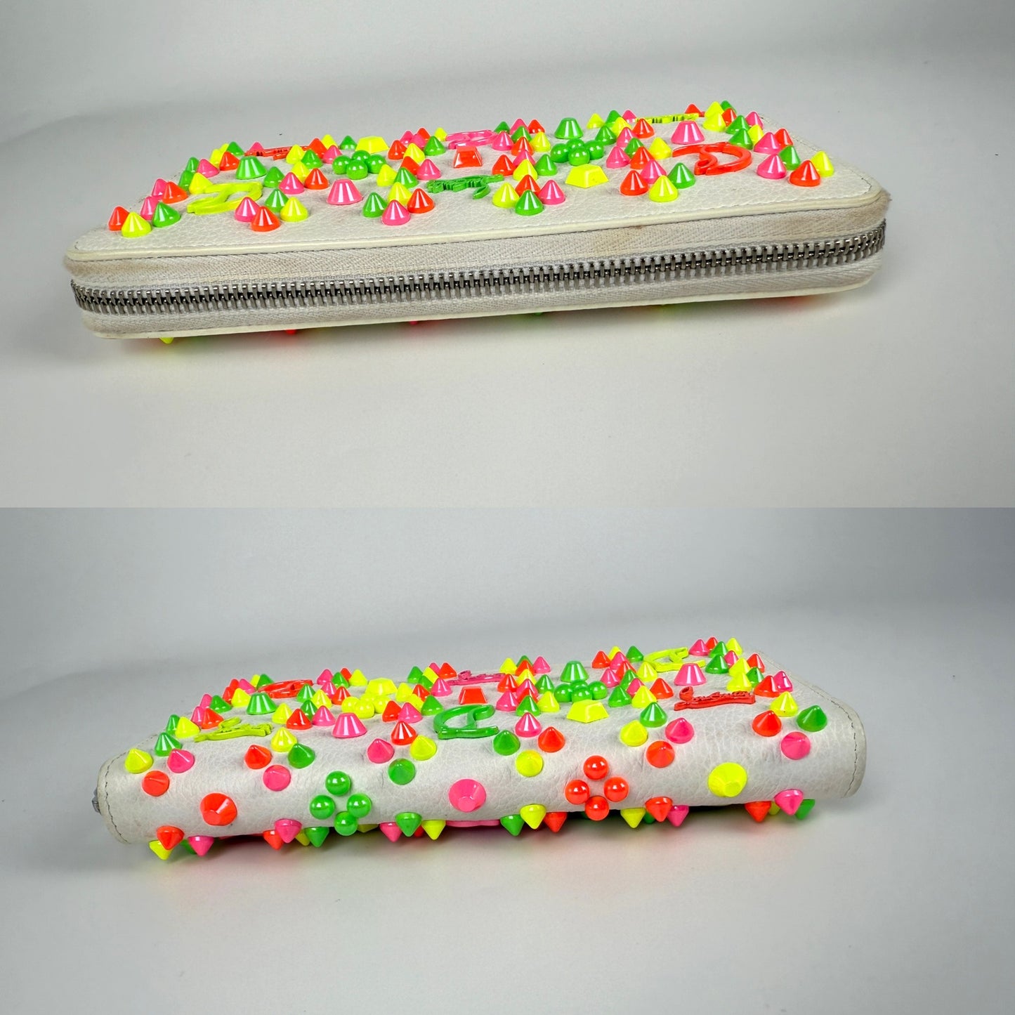 Christian Louboutin Panettone Spike Loubinthesky White Leather Neon Zip Continental Wallet