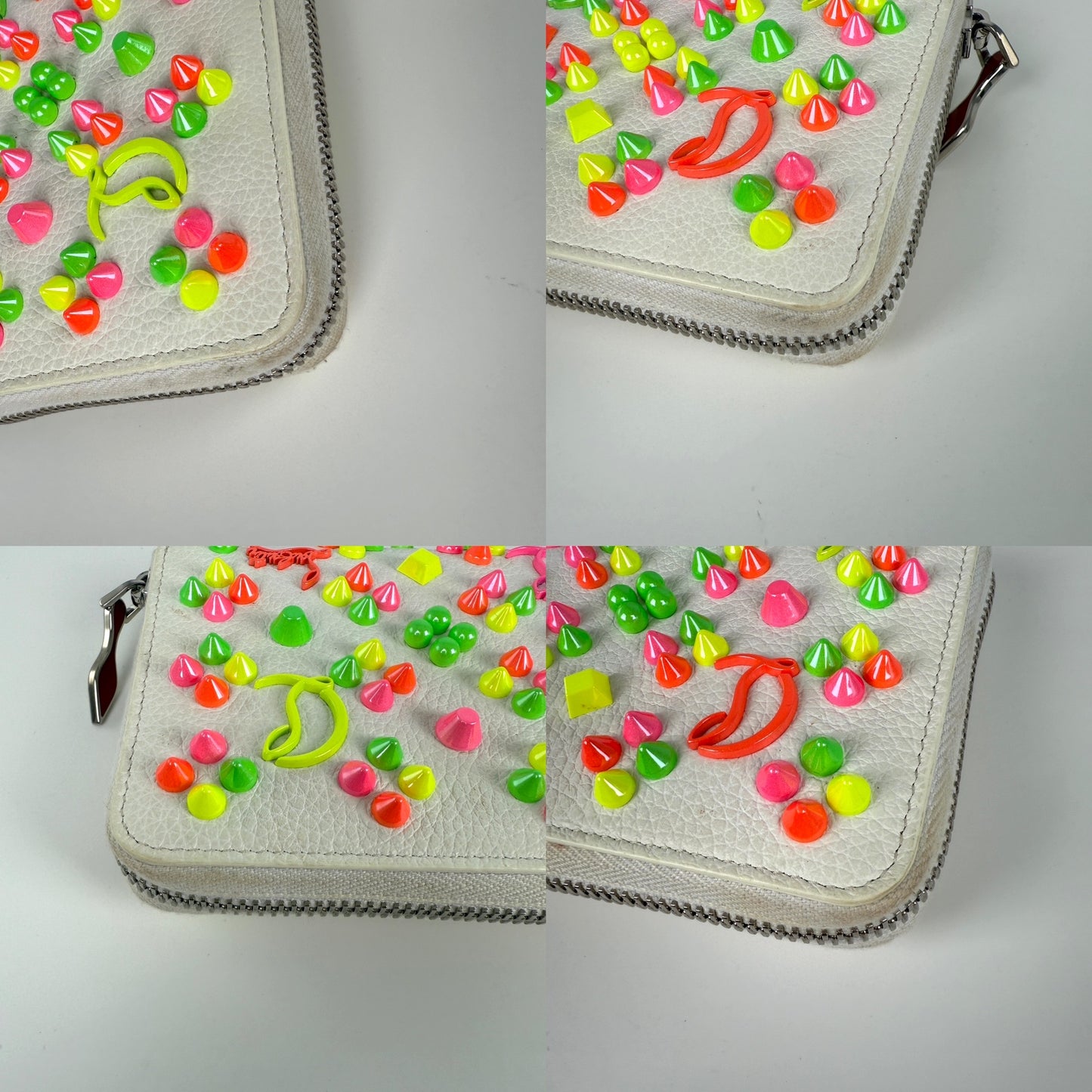 Christian Louboutin Panettone Spike Loubinthesky White Leather Neon Zip Continental Wallet