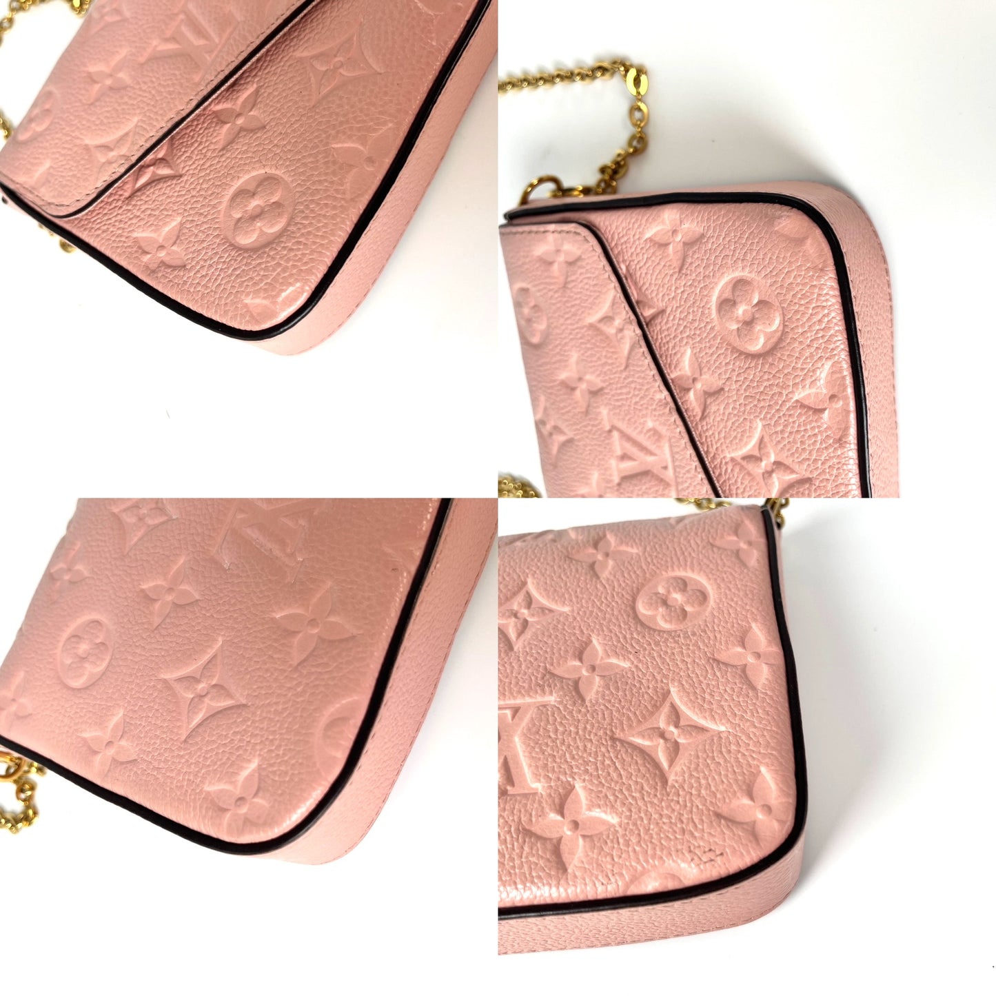 LOUIS VUITTON Felicie Rose Poudre Pink Monogram Empreinte Leather Pochette