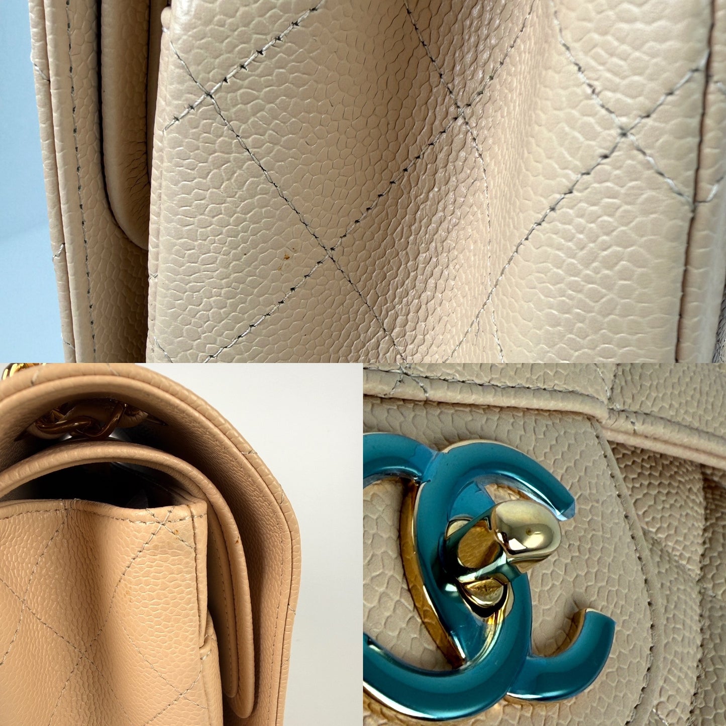 CHANEL Maxi Jumbo Beige Clair Quilted Caviar Leather Classic Flap Bag