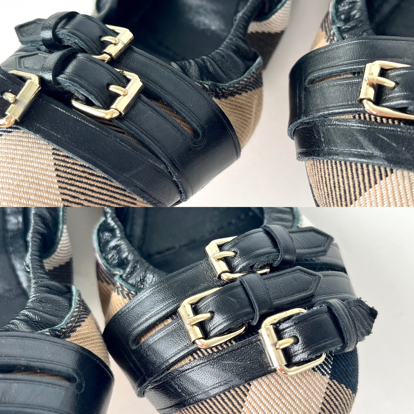 BURBERRY Bridle House check Falconer Black Canvas Ballerina Flats 37 7