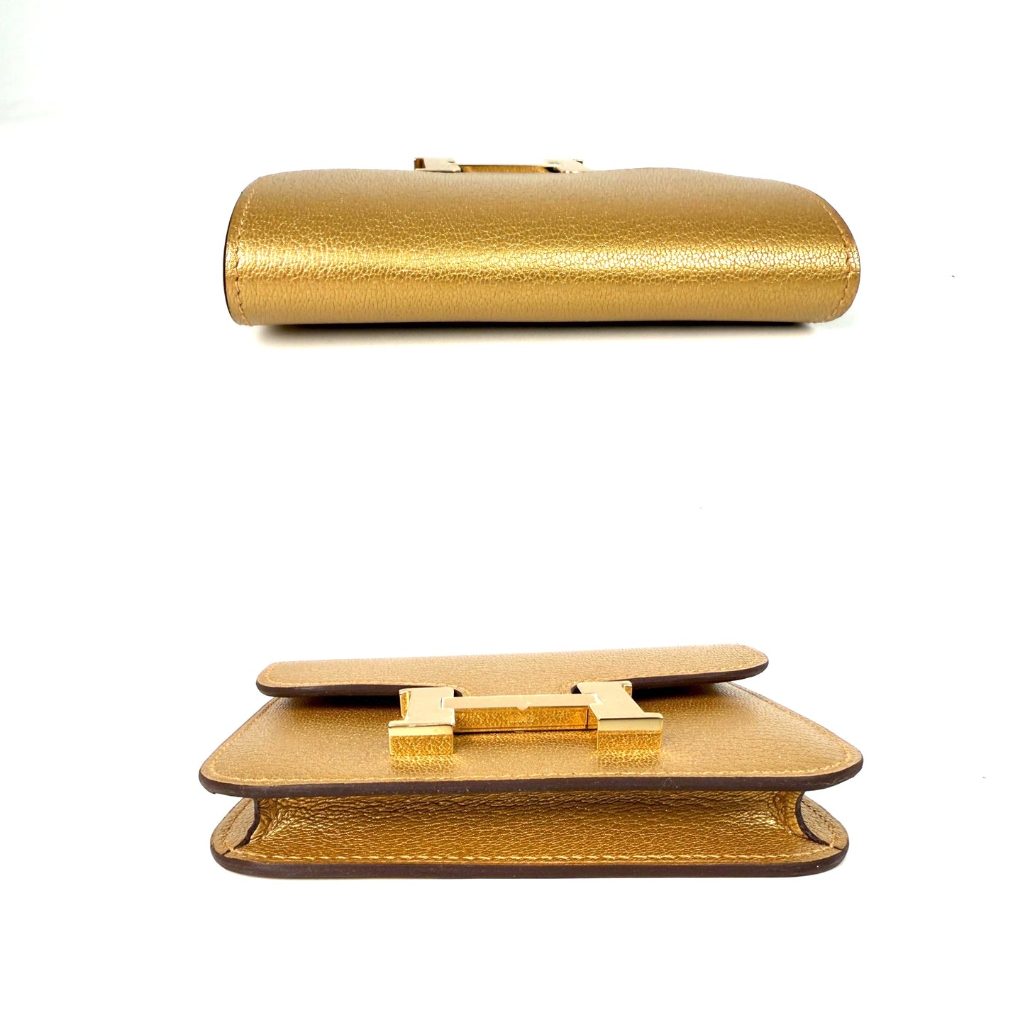New HERMES Constance Slim Compact Dore Gold Chamkilight Goatskin Wallet Belt Bag