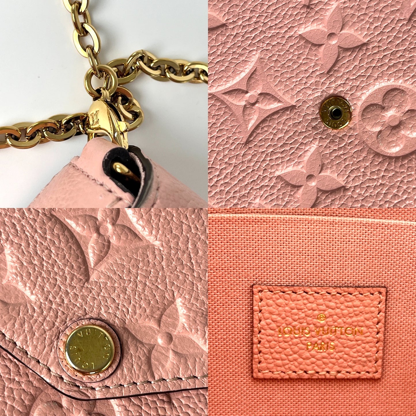 LOUIS VUITTON Felicie Rose Poudre Pink Monogram Empreinte Leather Pochette