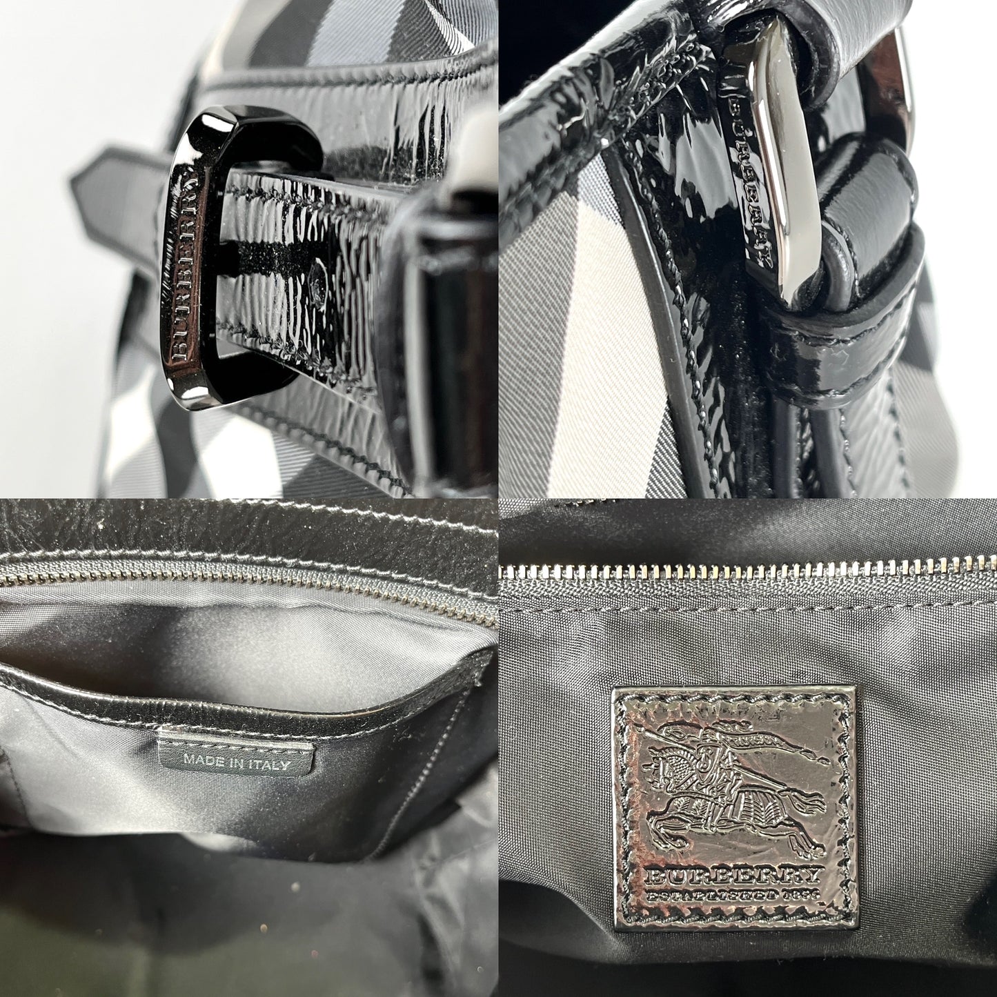 Burberry Nylon Leather Black Beat Check Lowry Tote Bag