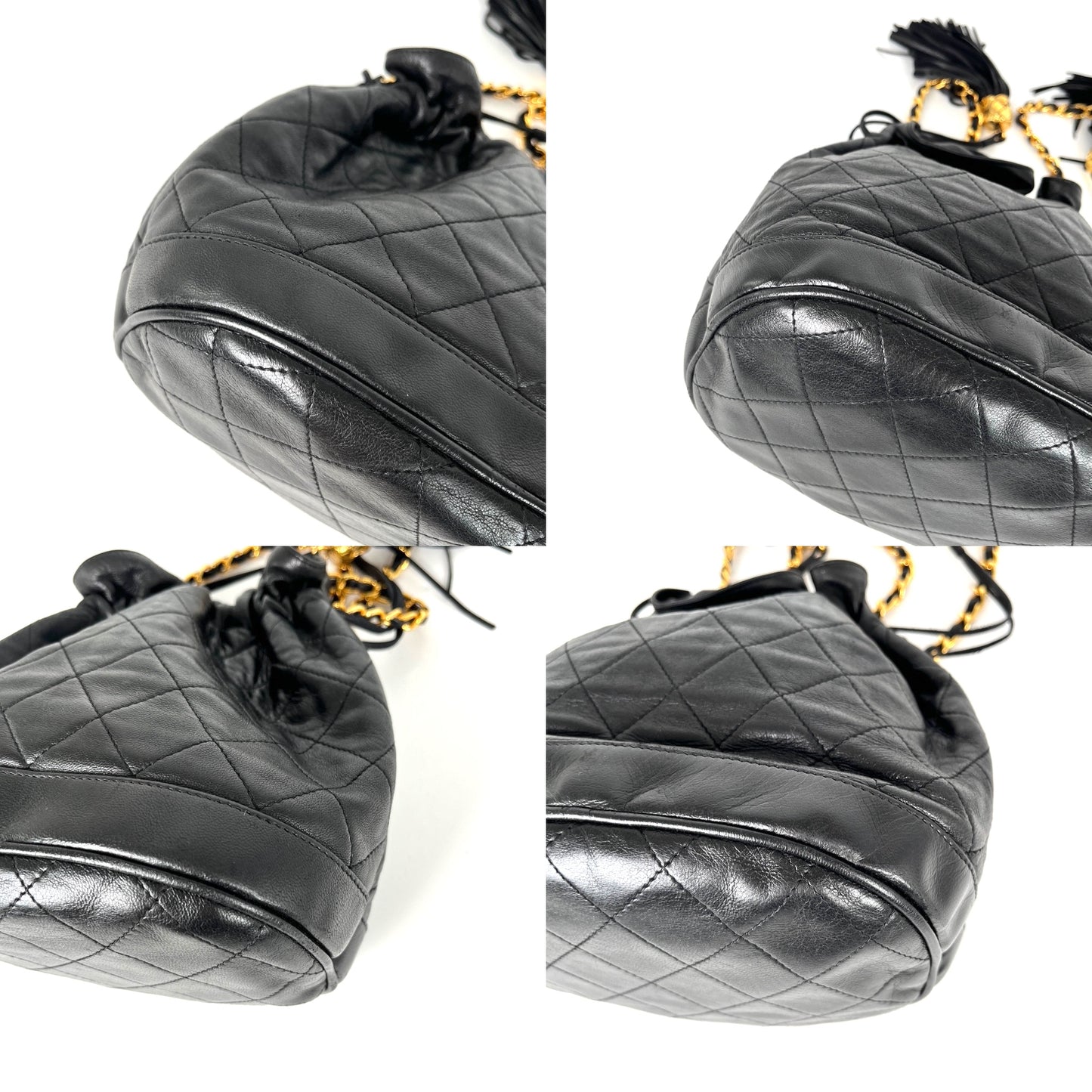 Vintage CHANEL 24k Gold Black Lambskin Leather Quilted Bucket Shoulder Bag