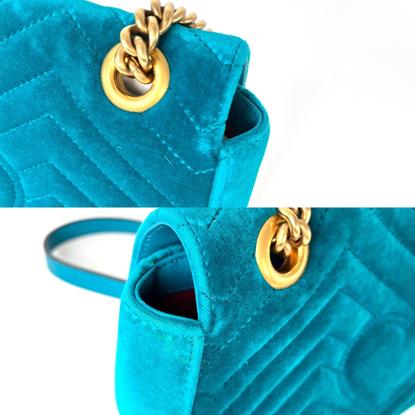 GUCCI Marmont Matelasse Small Velvet GG Pavone Cyan Crossbody Shoulder Bag