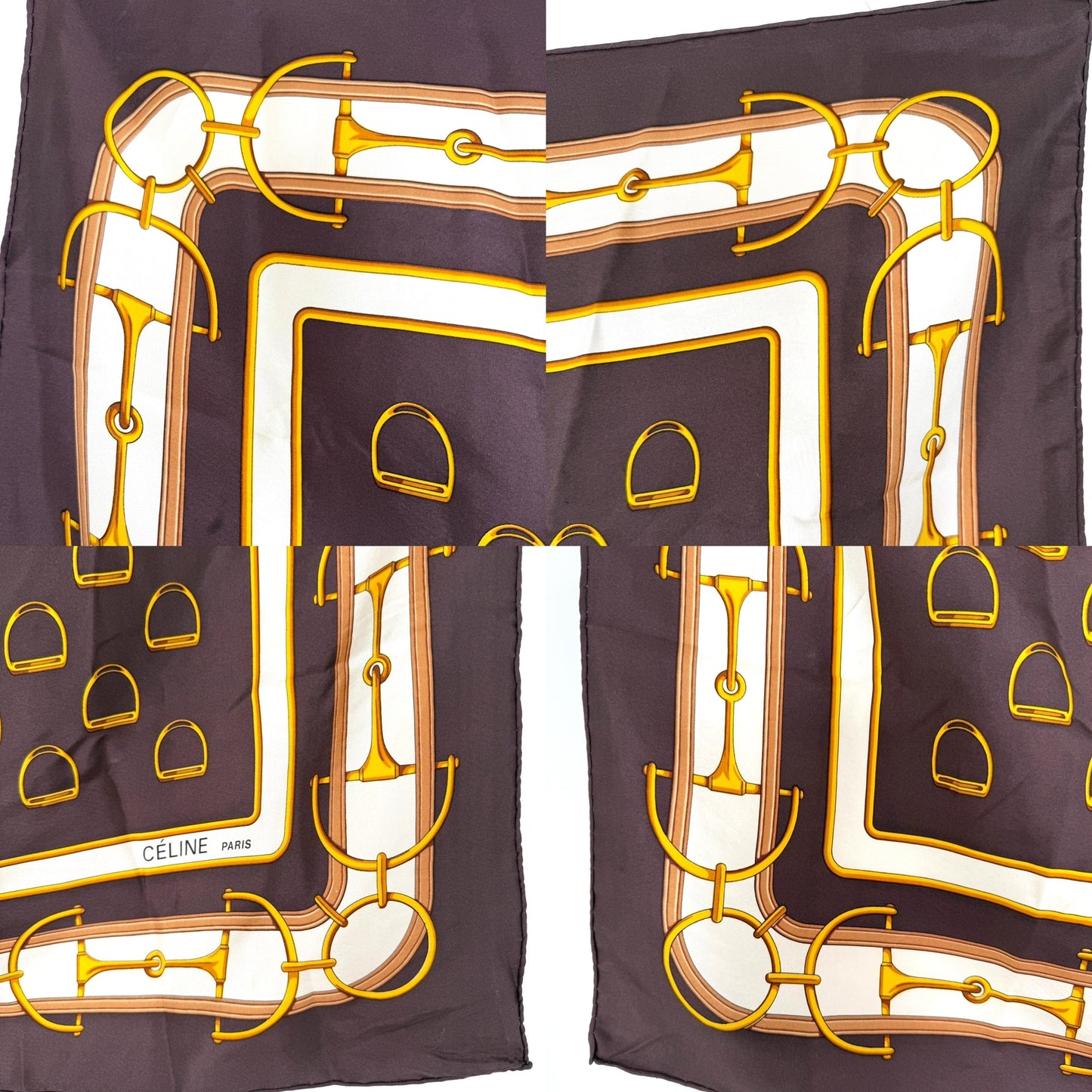 CELINE Horse Motif Printed Brown Yellow Square Silk Scarf