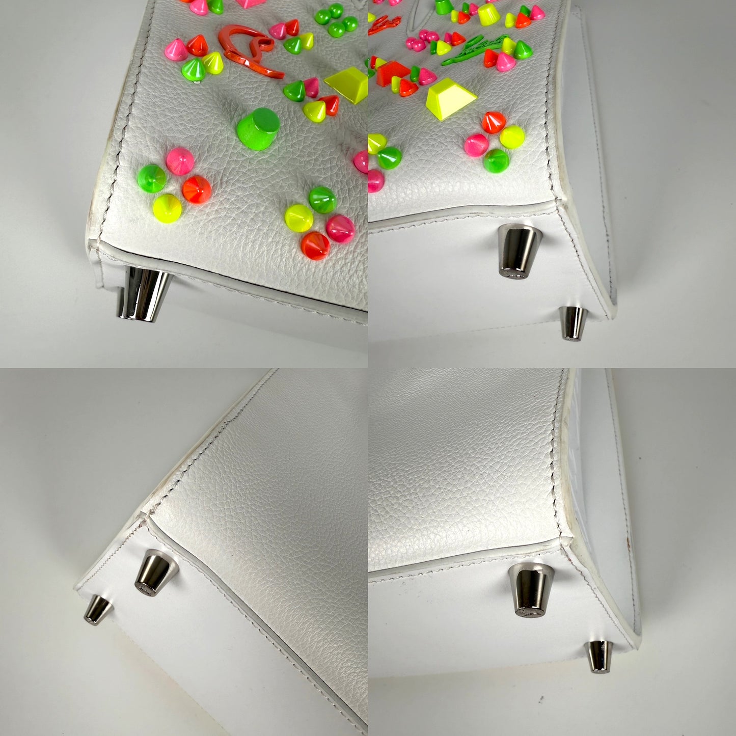 Christian Louboutin Paloma Medium Spike Loubinthesky White Neon Pink Leather Tote