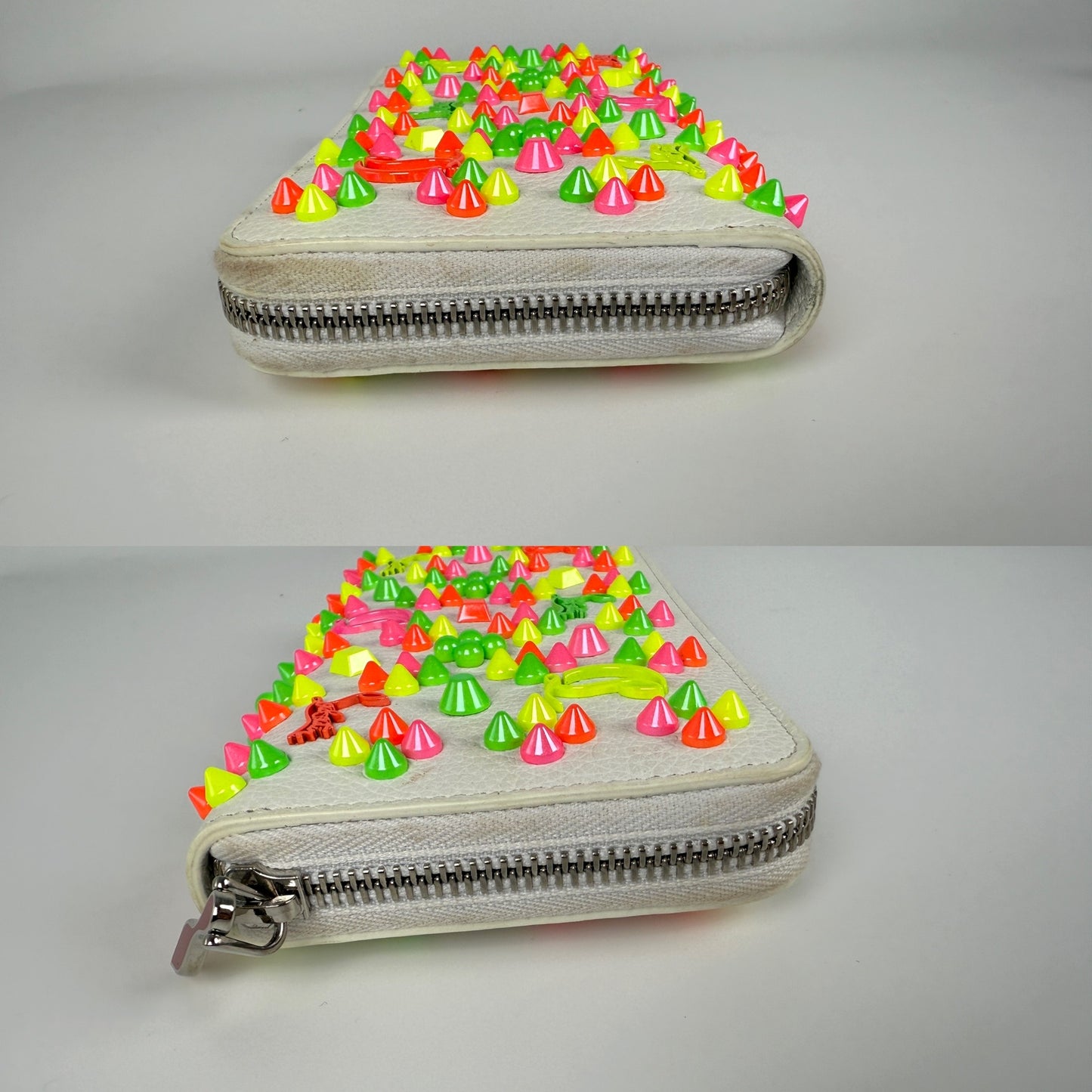 Christian Louboutin Panettone Spike Loubinthesky White Leather Neon Zip Continental Wallet