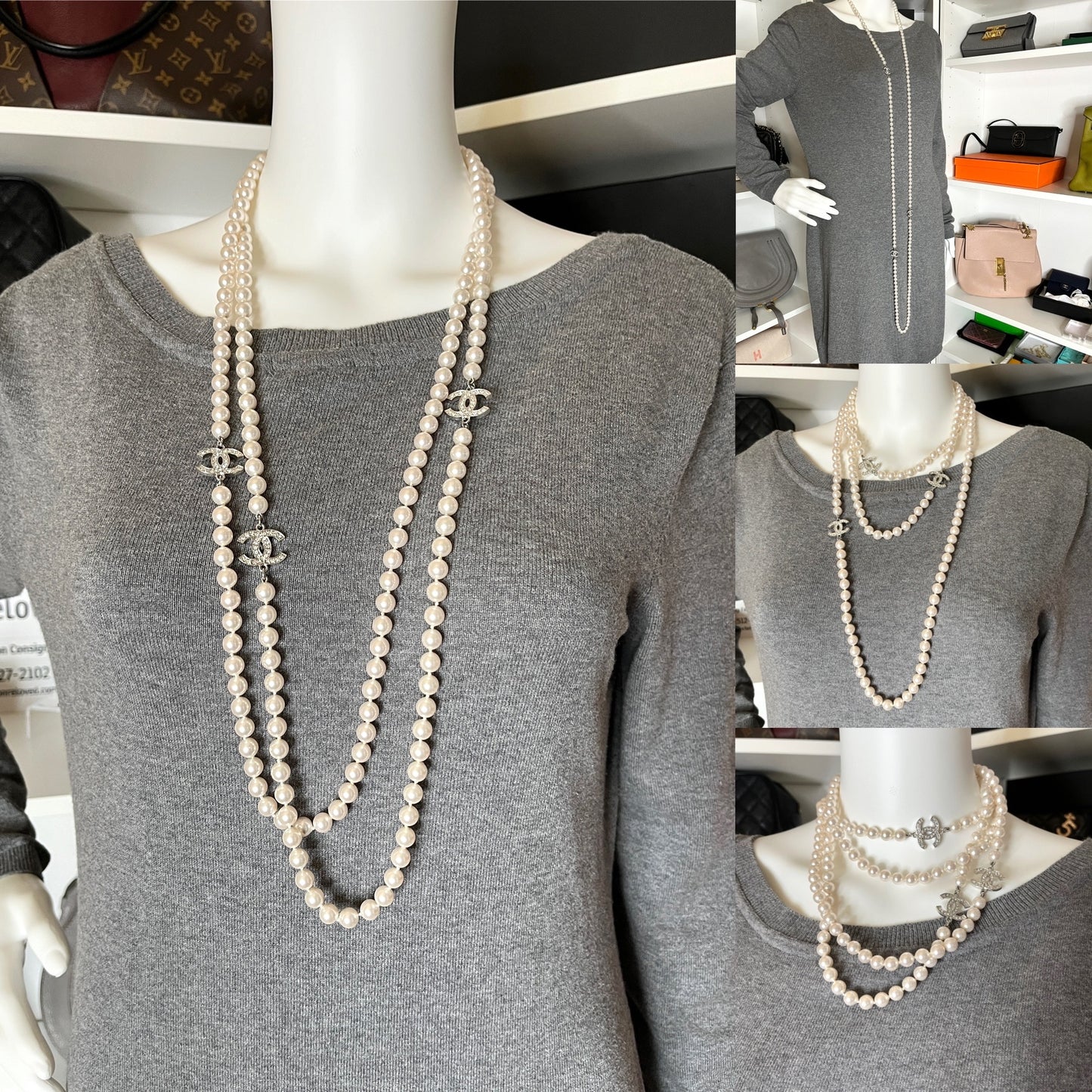 CHANEL CC Faux Pearl Rhinestone Beaded Station Long Double Necklace