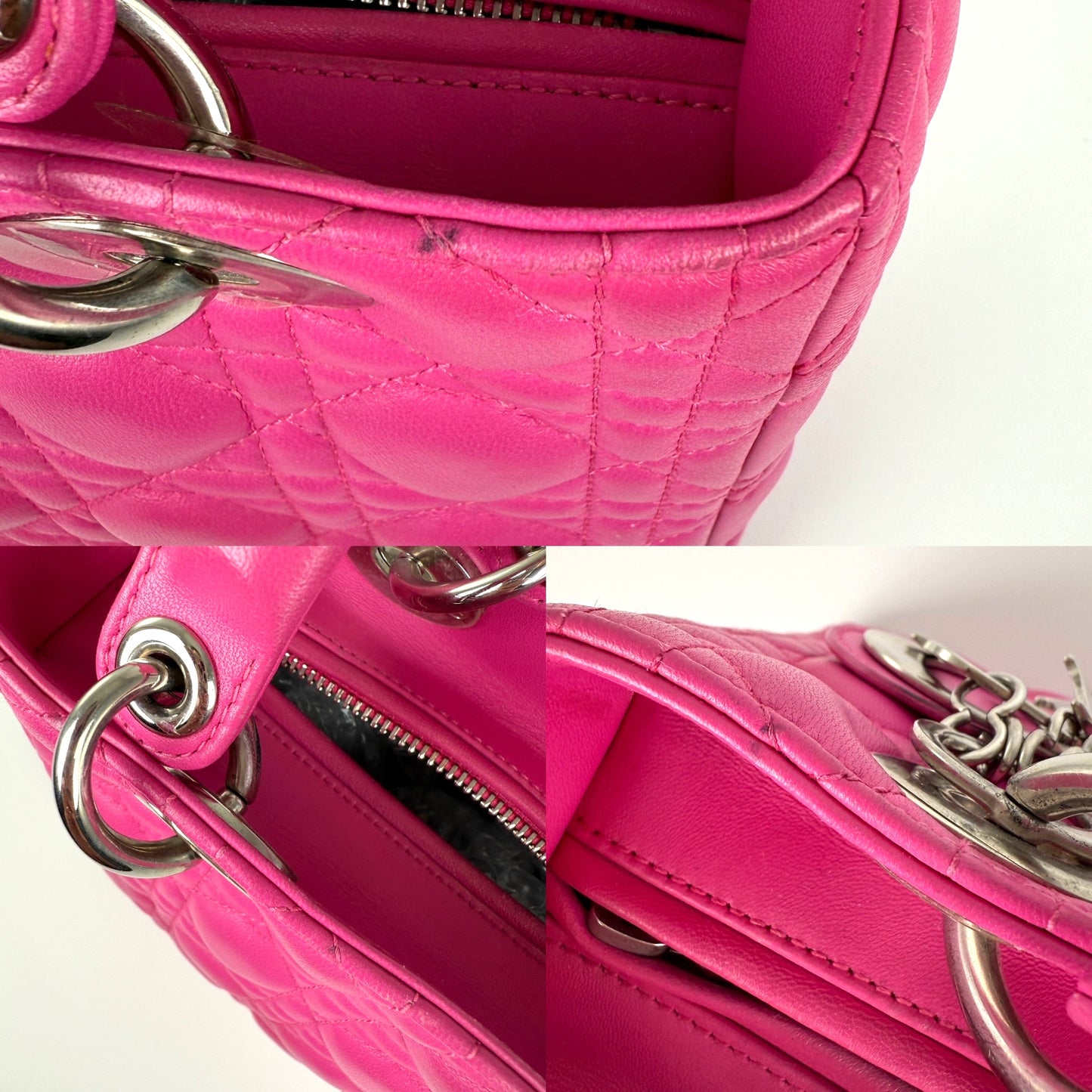 Christian Dior Medium Cannage Lady Dior Pink Lambskin Leather Top Handle Bag