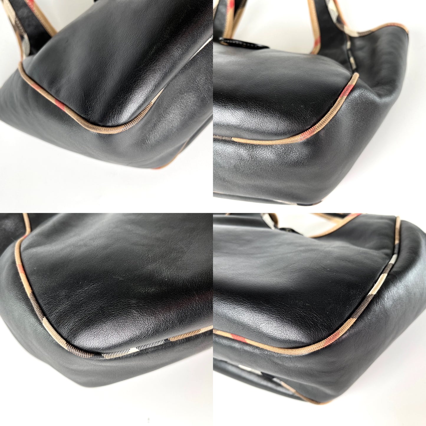 Burberry Black Leather Nova Check Trim Hobo Bag