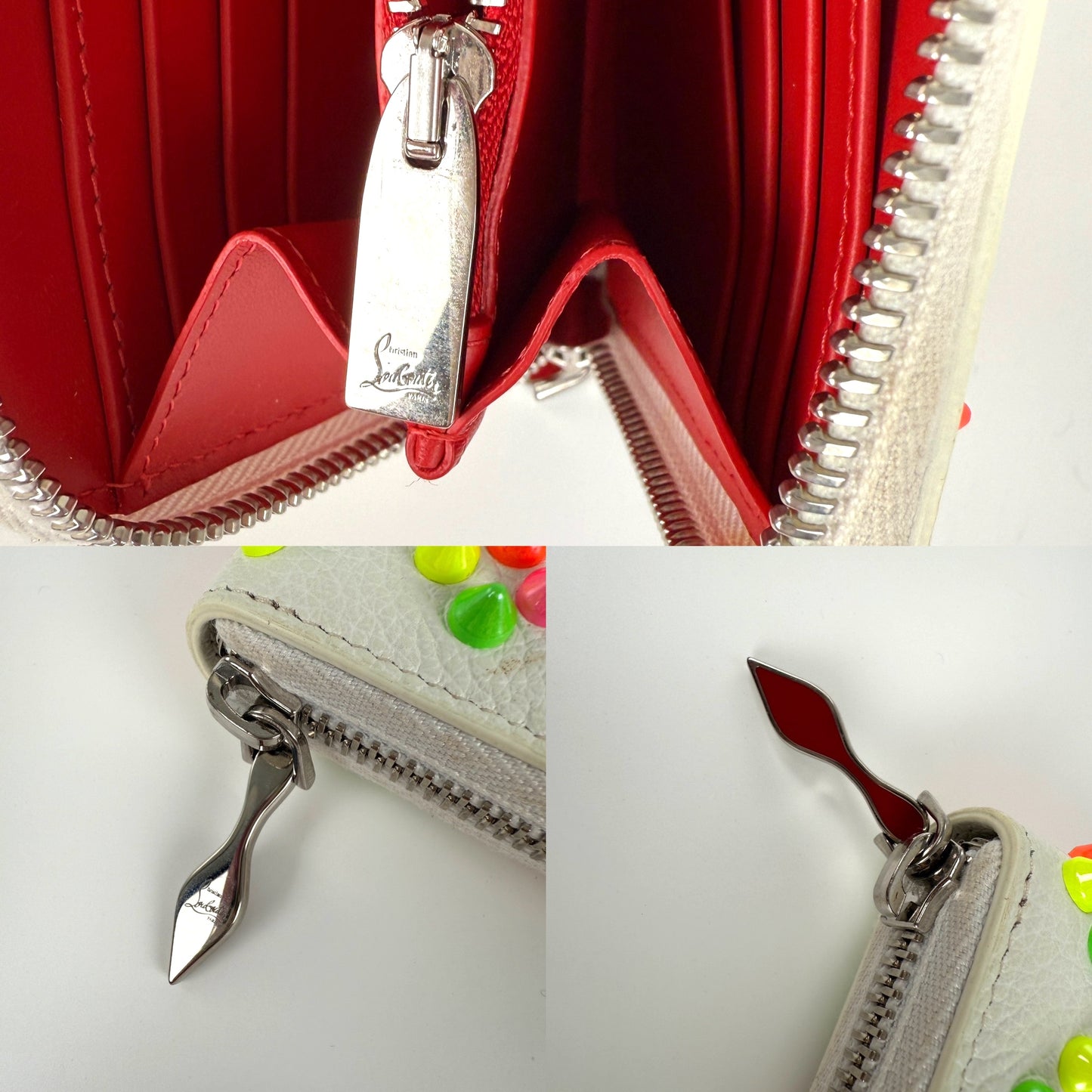 Christian Louboutin Panettone Spike Loubinthesky White Leather Neon Zip Continental Wallet