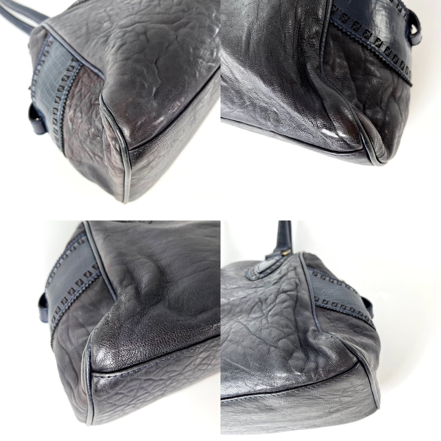 Vintage FENDI Etniko Navy Blue Leather Shoulder  Bag