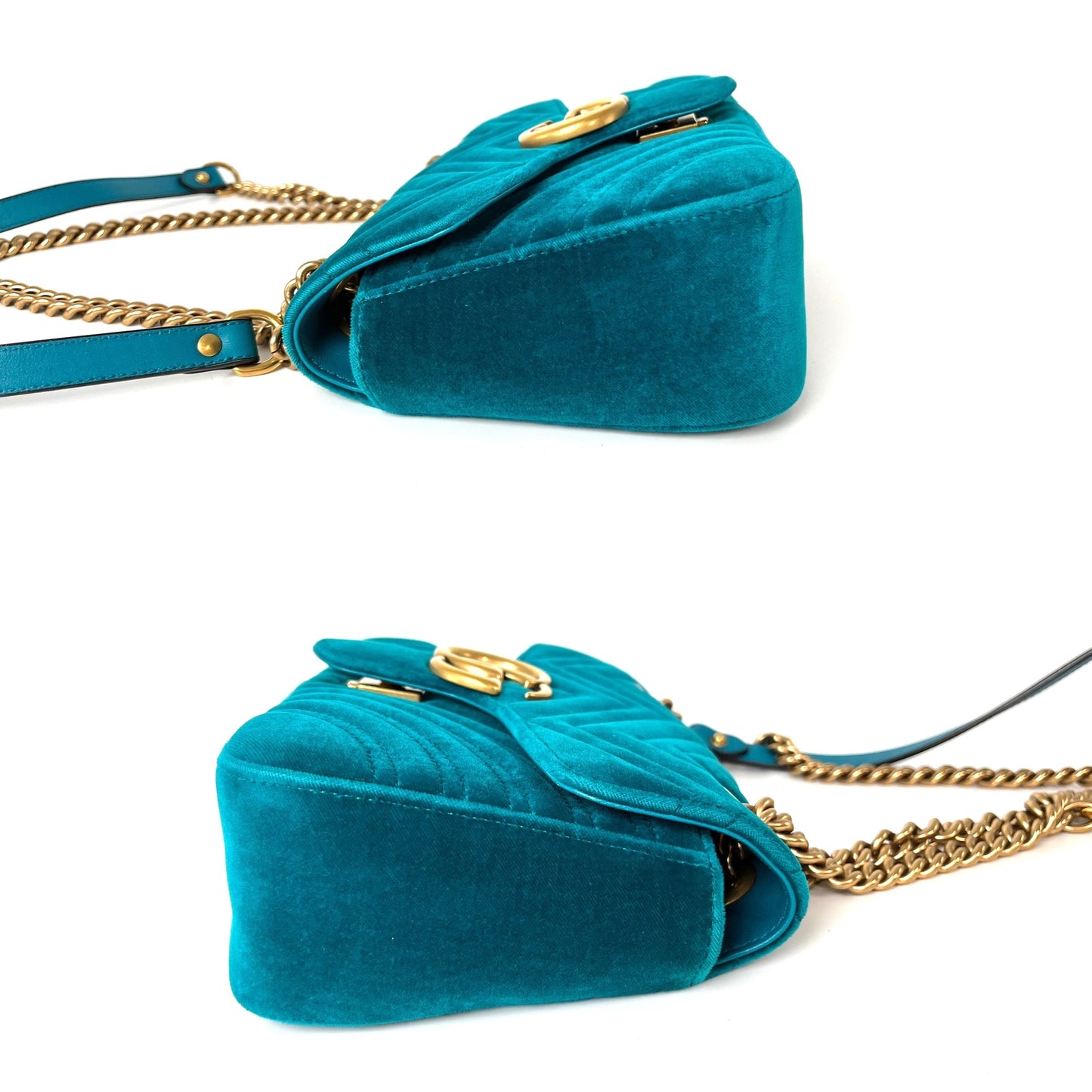 GUCCI Marmont Matelasse Small Velvet GG Pavone Cyan Crossbody Shoulder Bag
