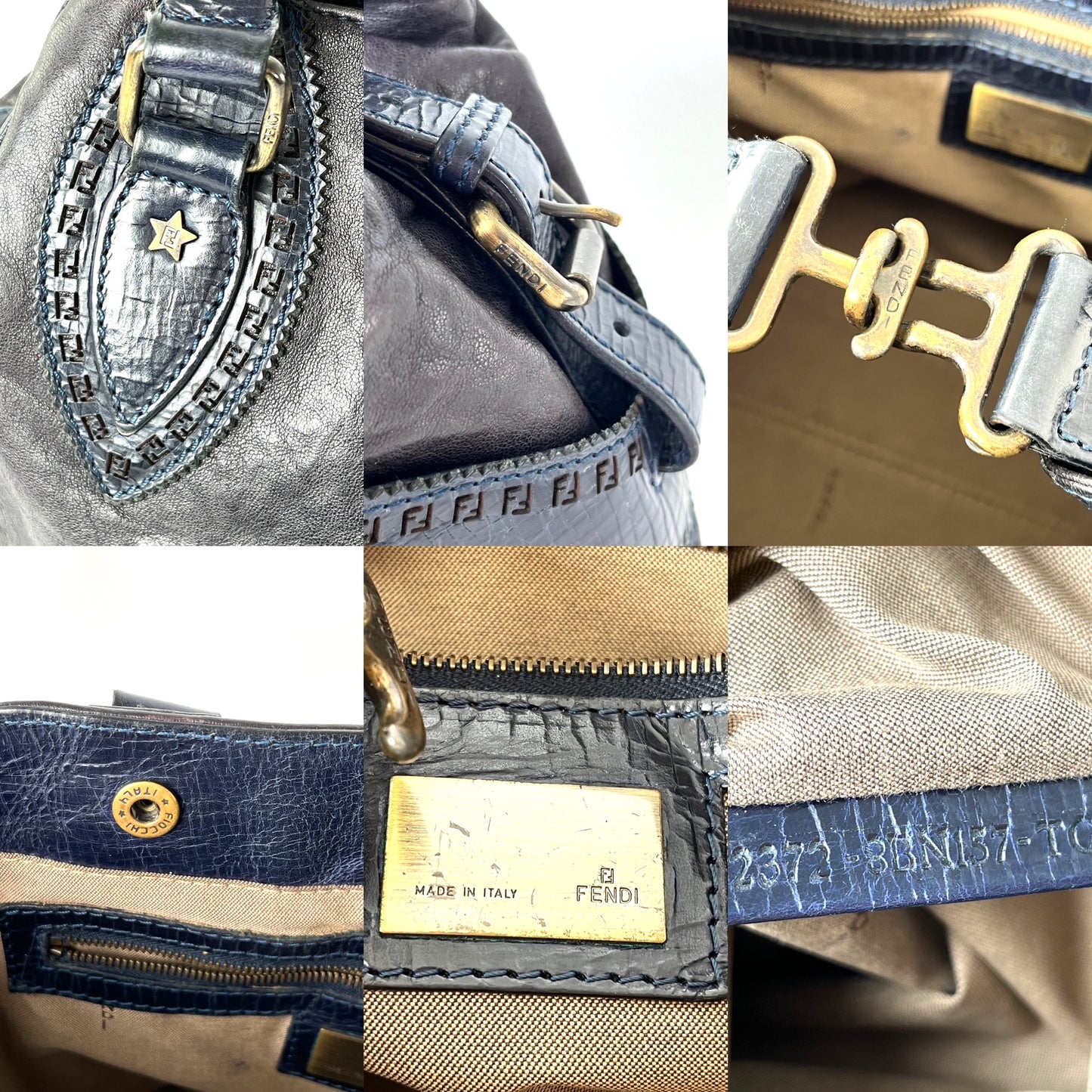 Vintage FENDI Etniko Navy Blue Leather Shoulder  Bag