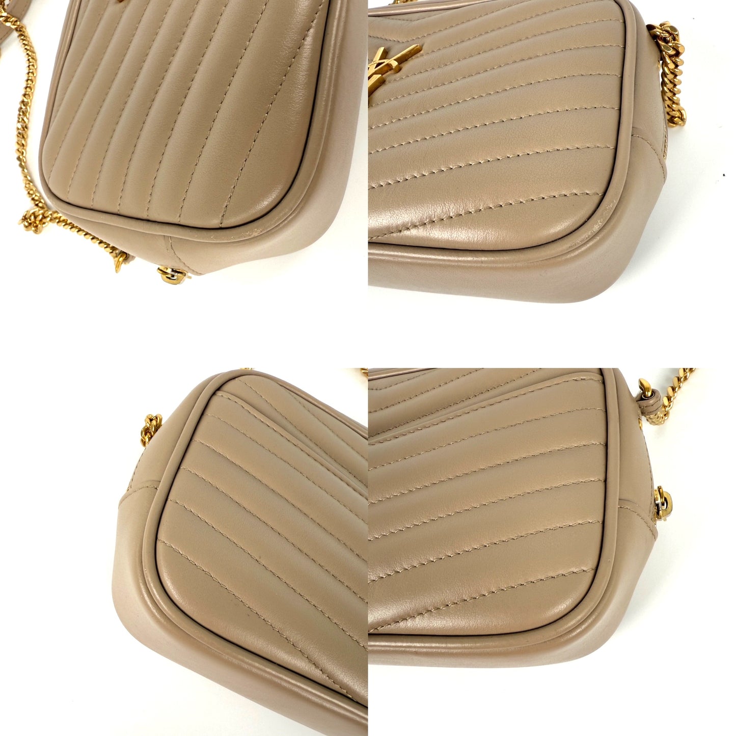Saint Laurent Mini Lou Quilted Beige Leather Camera Chain Crossbody Bag