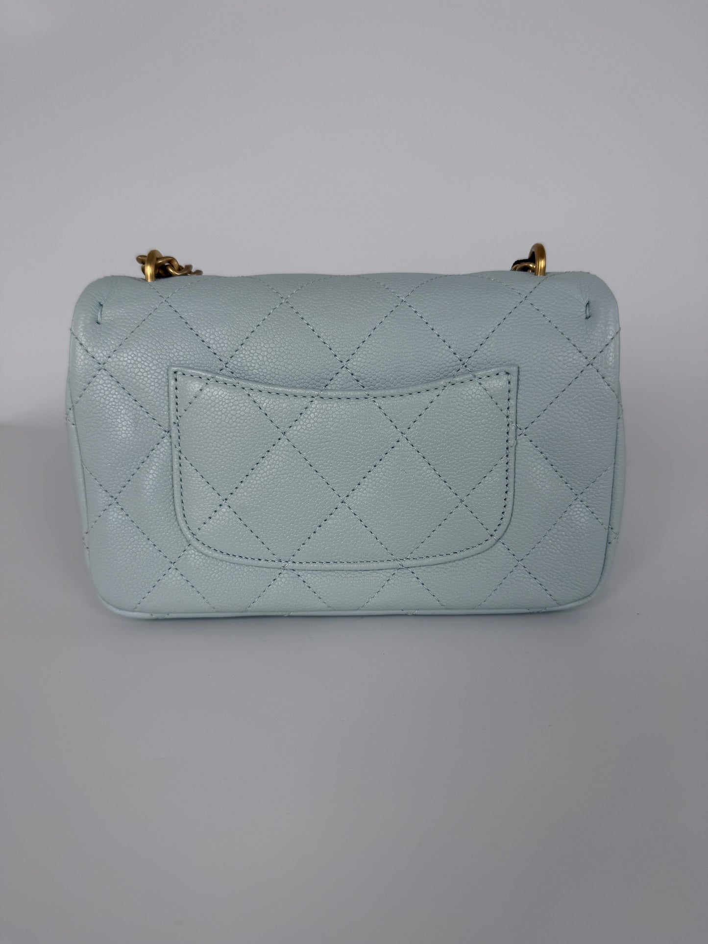 CHANEL Mini Rectangular Sweetheart Quilted Caviar Light Blue Flap Bag