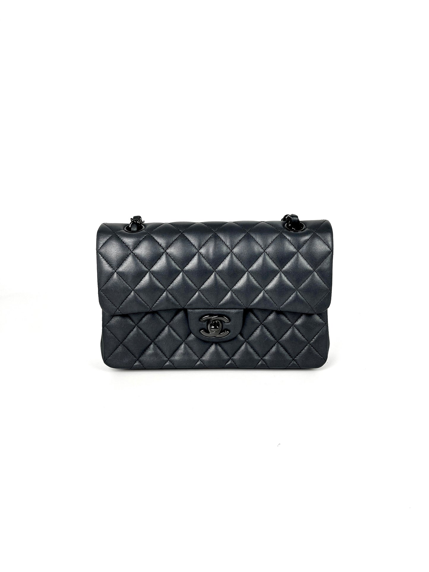 CHANEL Charcoal So Black Lambskin Small Double Flap Quilted Shoulder Bag