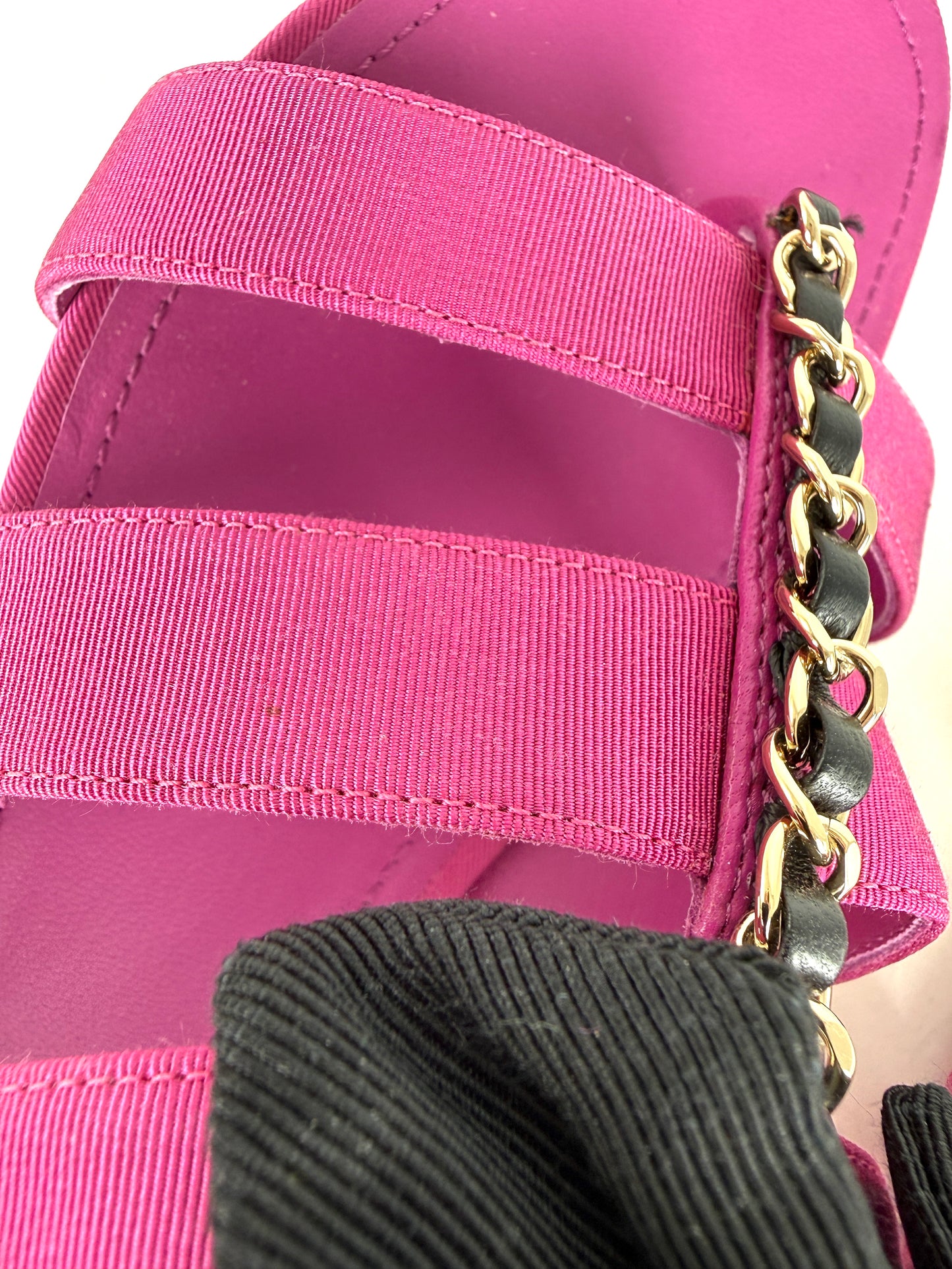CHANEL Pink CC Bow Strappy Satin Leather Chain Gladiator Sandals 38, 7.5 New