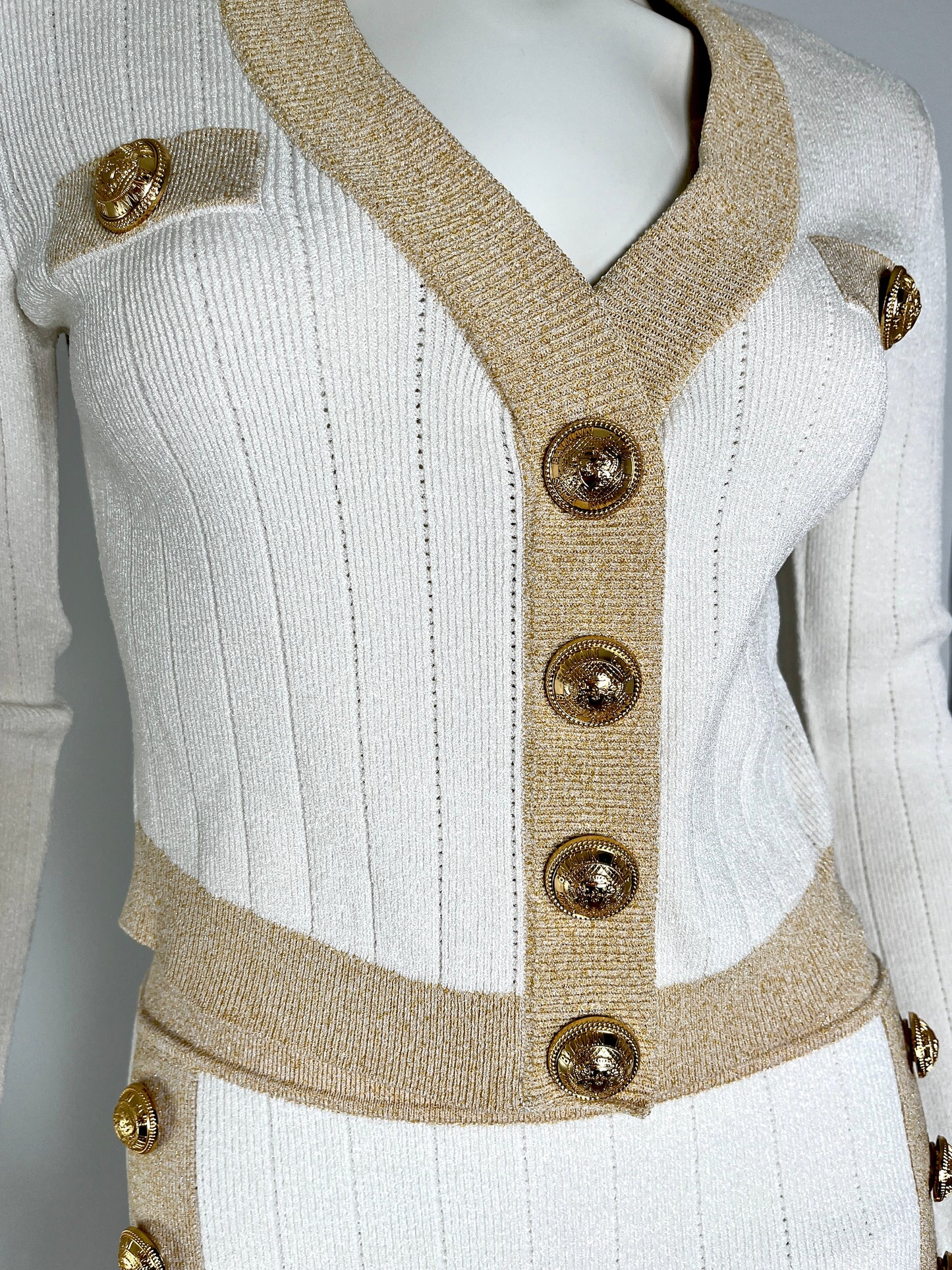 Balmain Off White Gold Ribbed Knit Cropped Cardigan 38 6