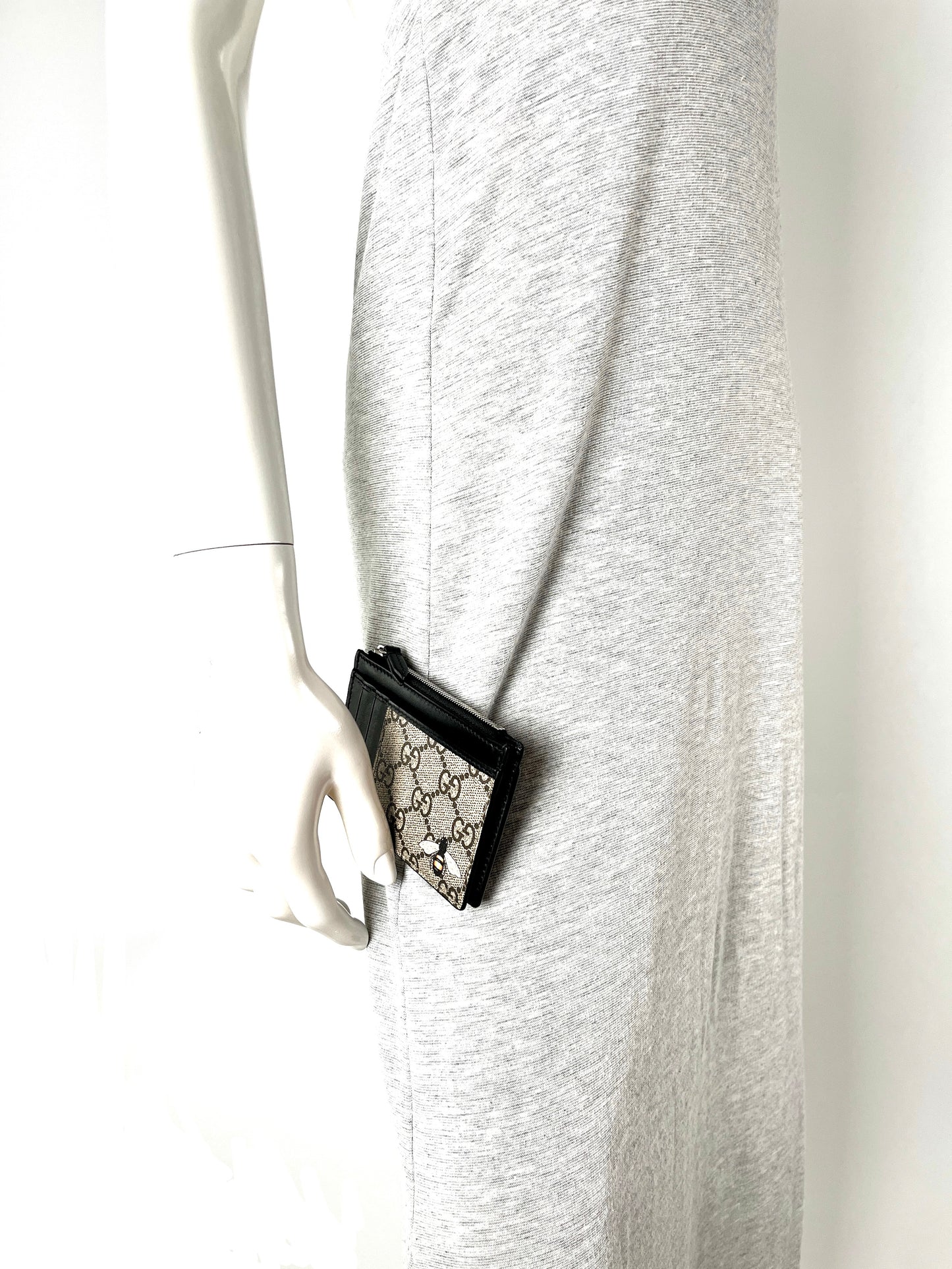 GUCCI GG Supreme Card Case Monogram Leather Bee Wallet Black Brown