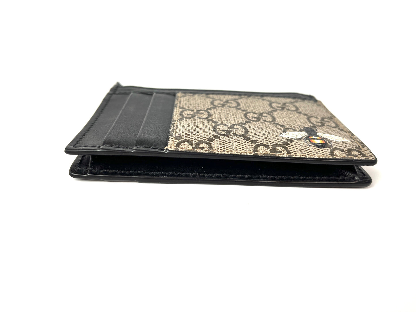 GUCCI GG Supreme Card Case Monogram Leather Bee Wallet Black Brown