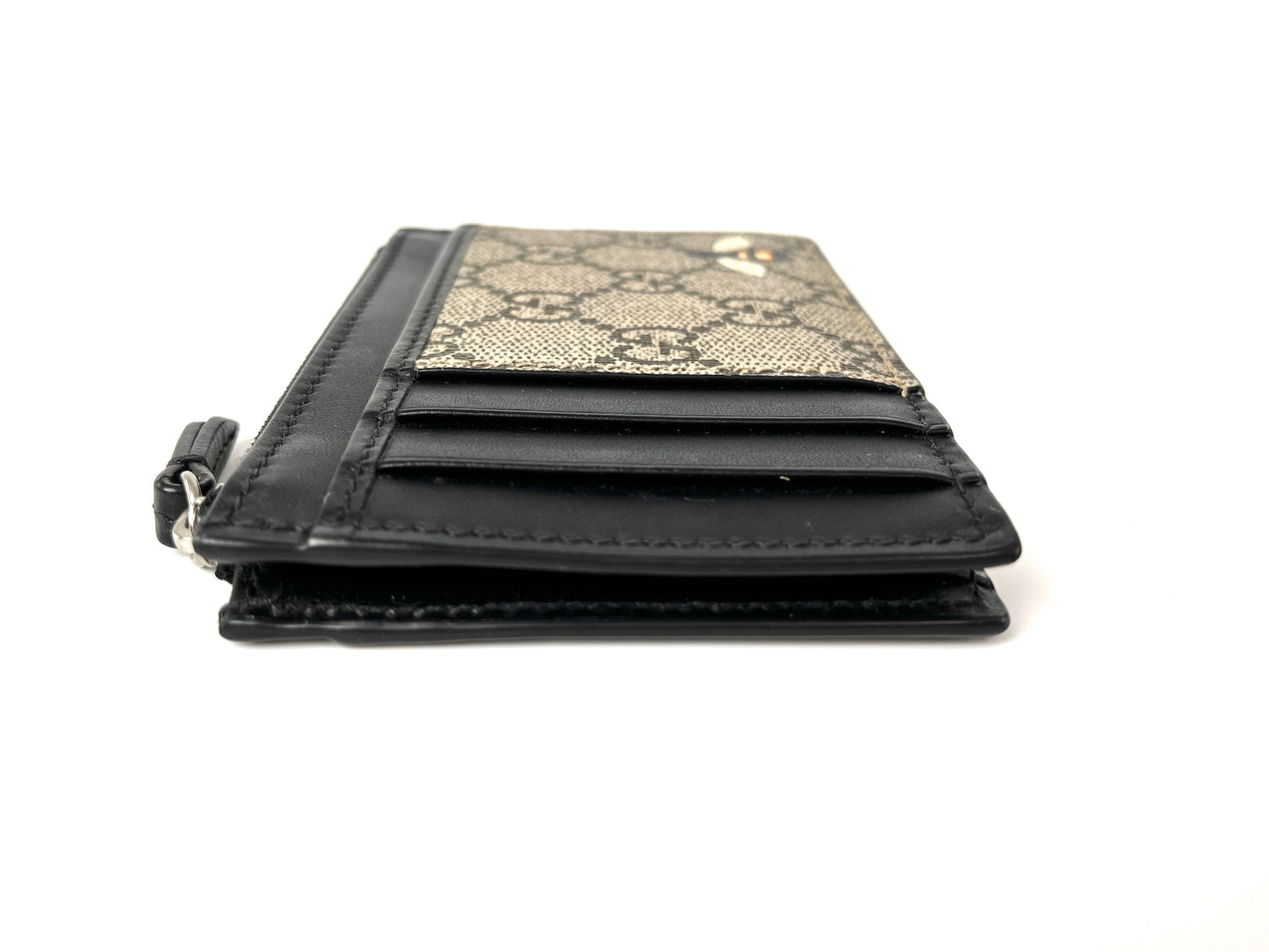 GUCCI GG Supreme Card Case Monogram Leather Bee Wallet Black Brown