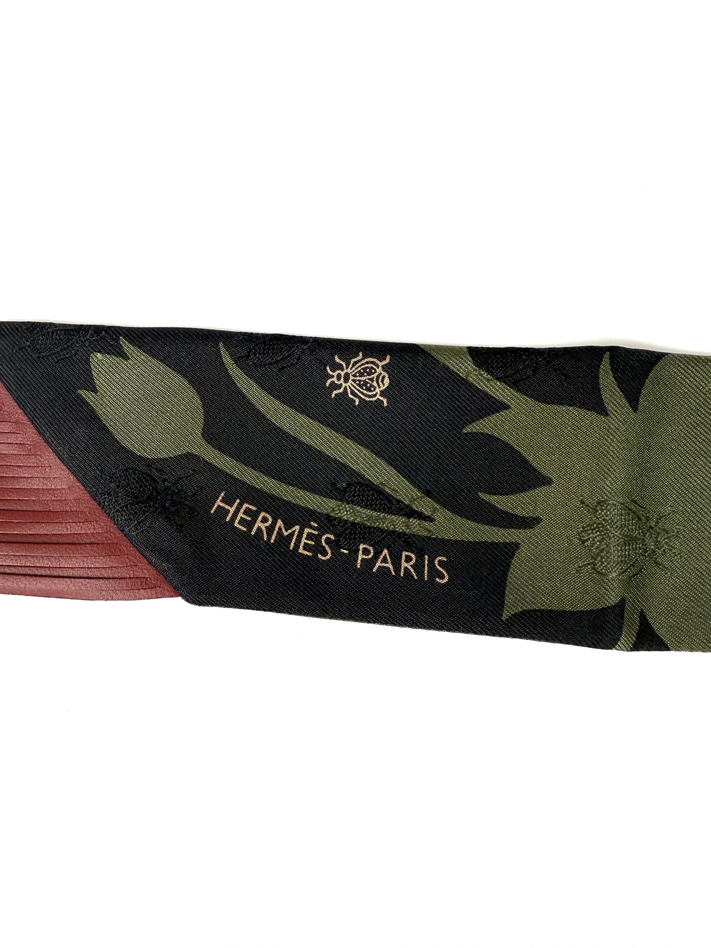 New HERMES Silk Calfskin Leather Rouge H Bouquet Final Abeille Fringed Twilly Scarf