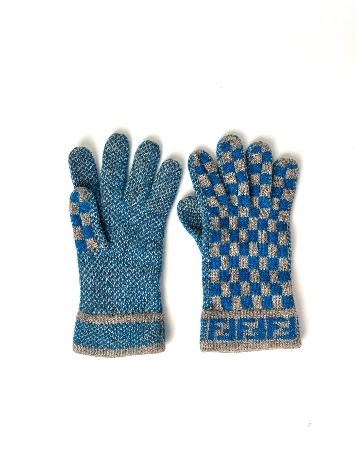 FENDI FF Logo Knit Wool Gloves Gray Blue