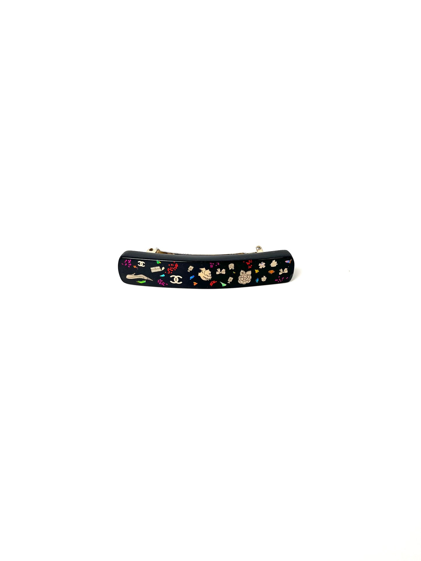 CHANEL Black Multi Logo Glitter Embellished Print Hair Clip