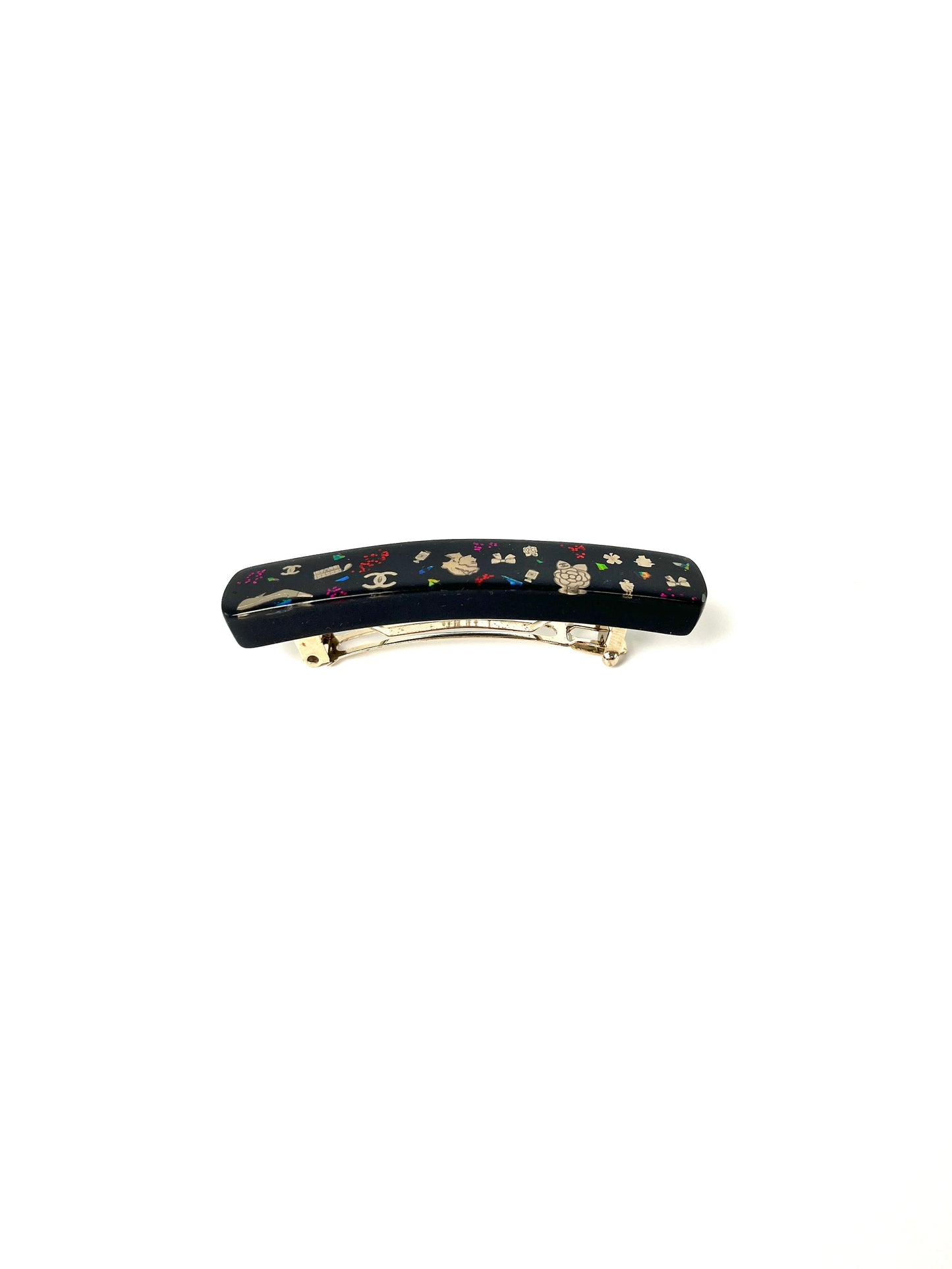 CHANEL Black Multi Logo Glitter Embellished Print Hair Clip