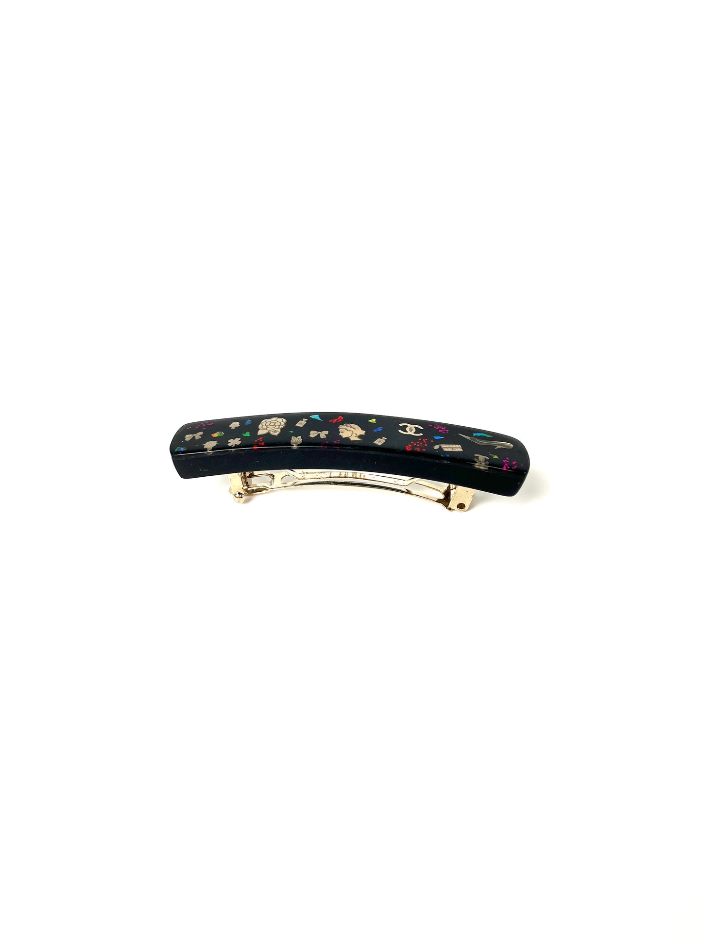 CHANEL Black Multi Logo Glitter Embellished Print Hair Clip