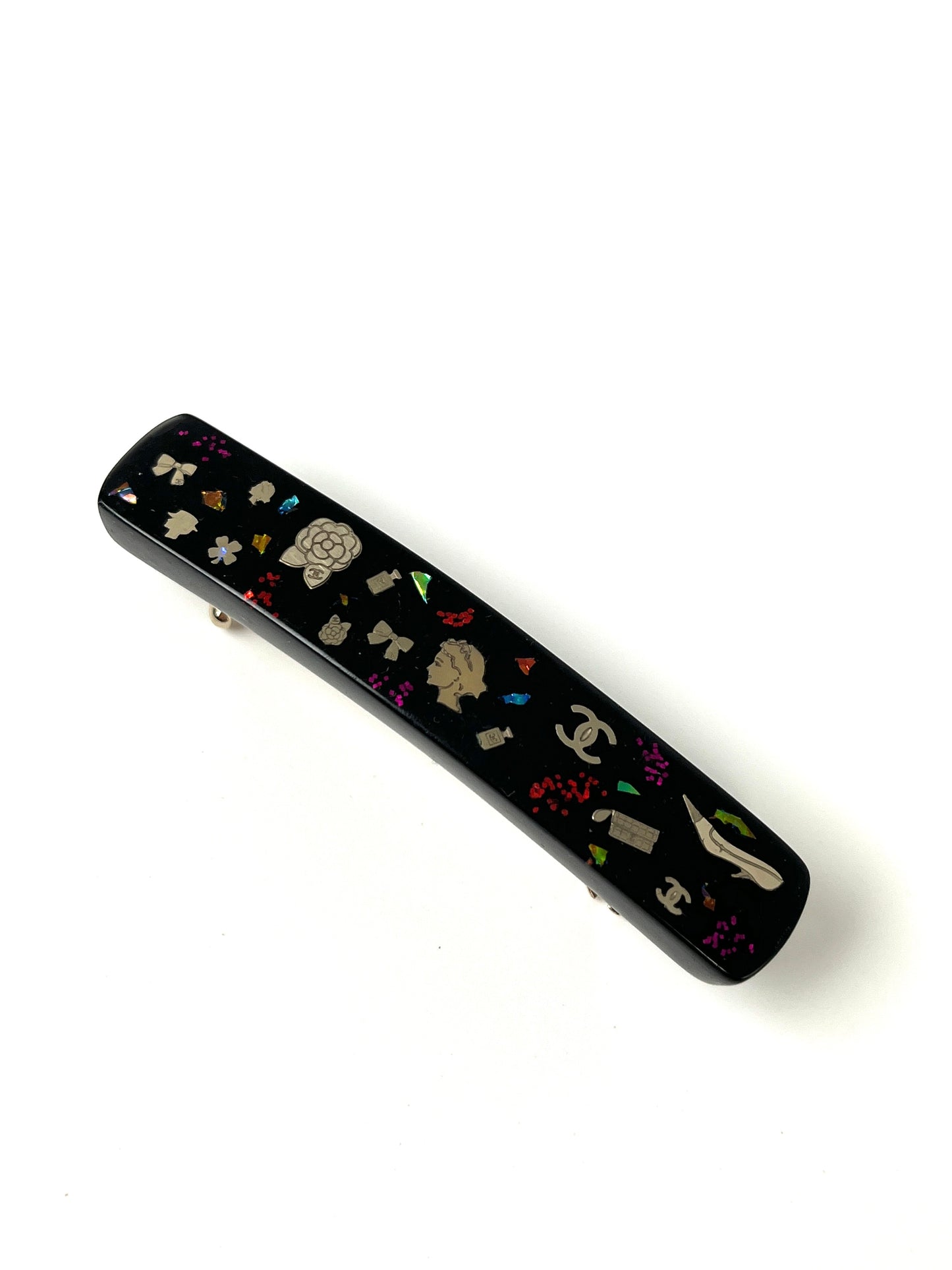 CHANEL Black Multi Logo Glitter Embellished Print Hair Clip