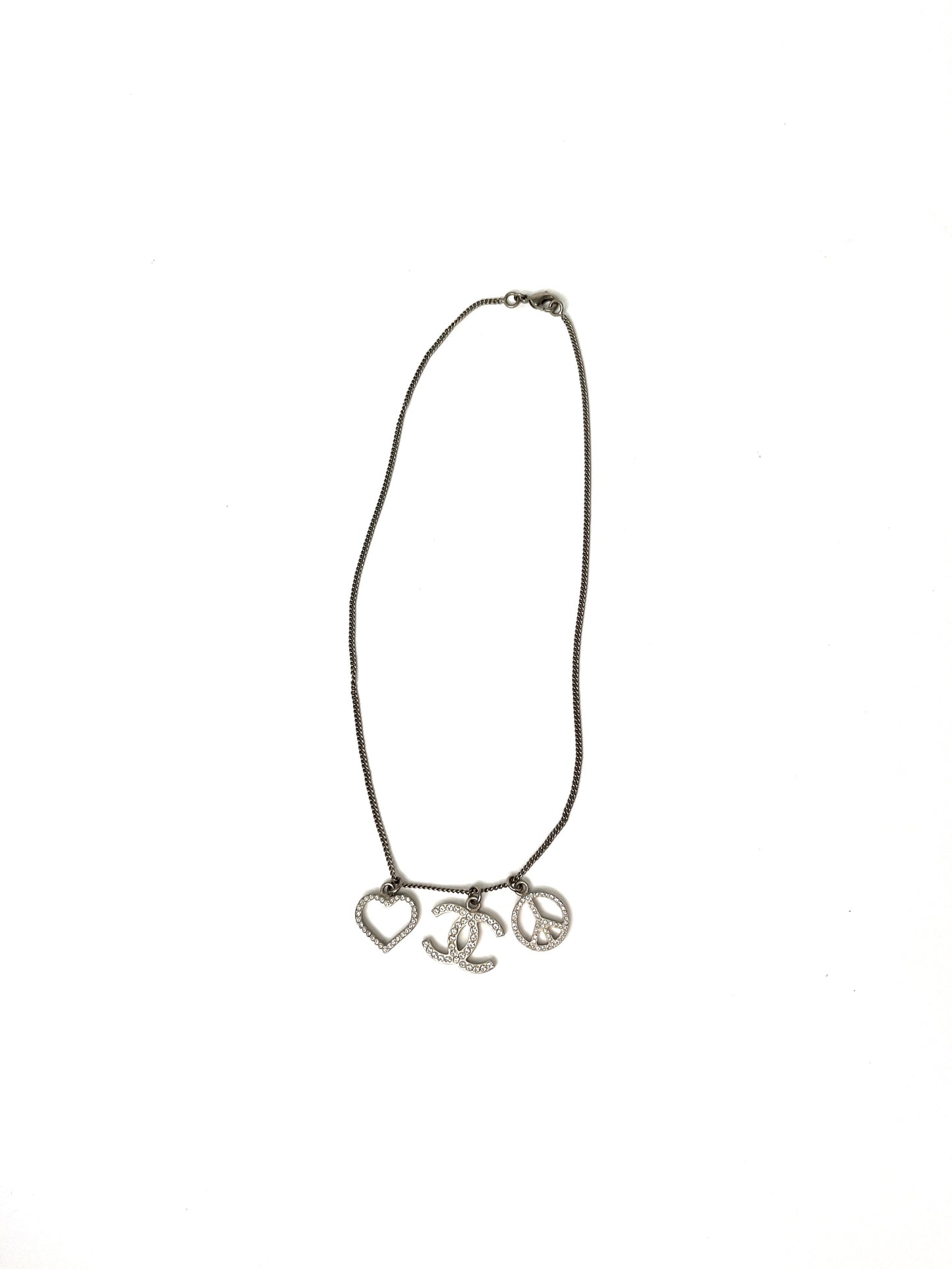 CHANEL Crystal Silver Tone CC Logo Peace Heart Charm Short Necklace