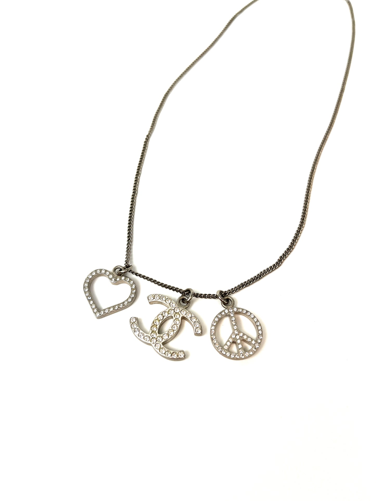CHANEL Crystal Silver Tone CC Logo Peace Heart Charm Short Necklace