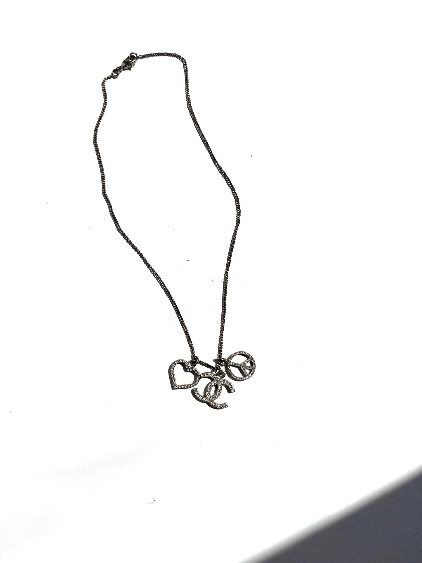 CHANEL Crystal Silver Tone CC Logo Peace Heart Charm Short Necklace
