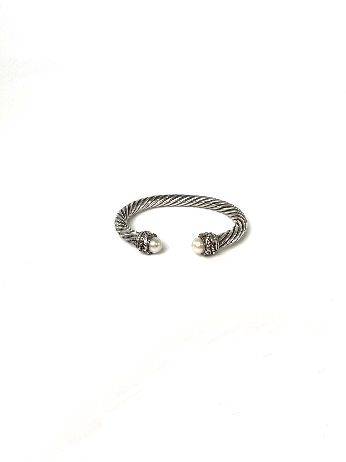 David Yurman Pearl Sterling Silver Diamond Crossover Cable Classic Cuff Bracelet S