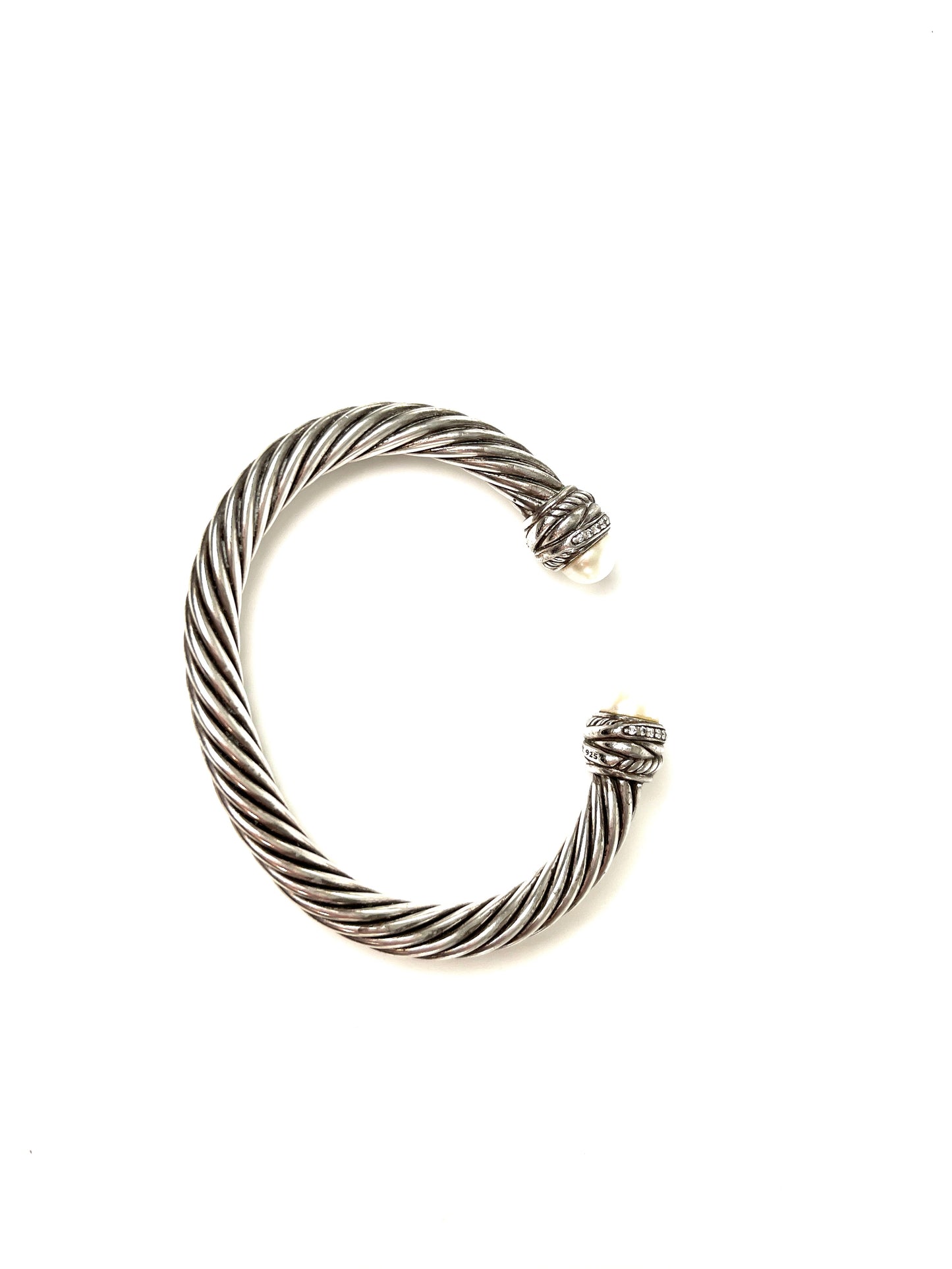 David Yurman Pearl Sterling Silver Diamond Crossover Cable Classic Cuff Bracelet S