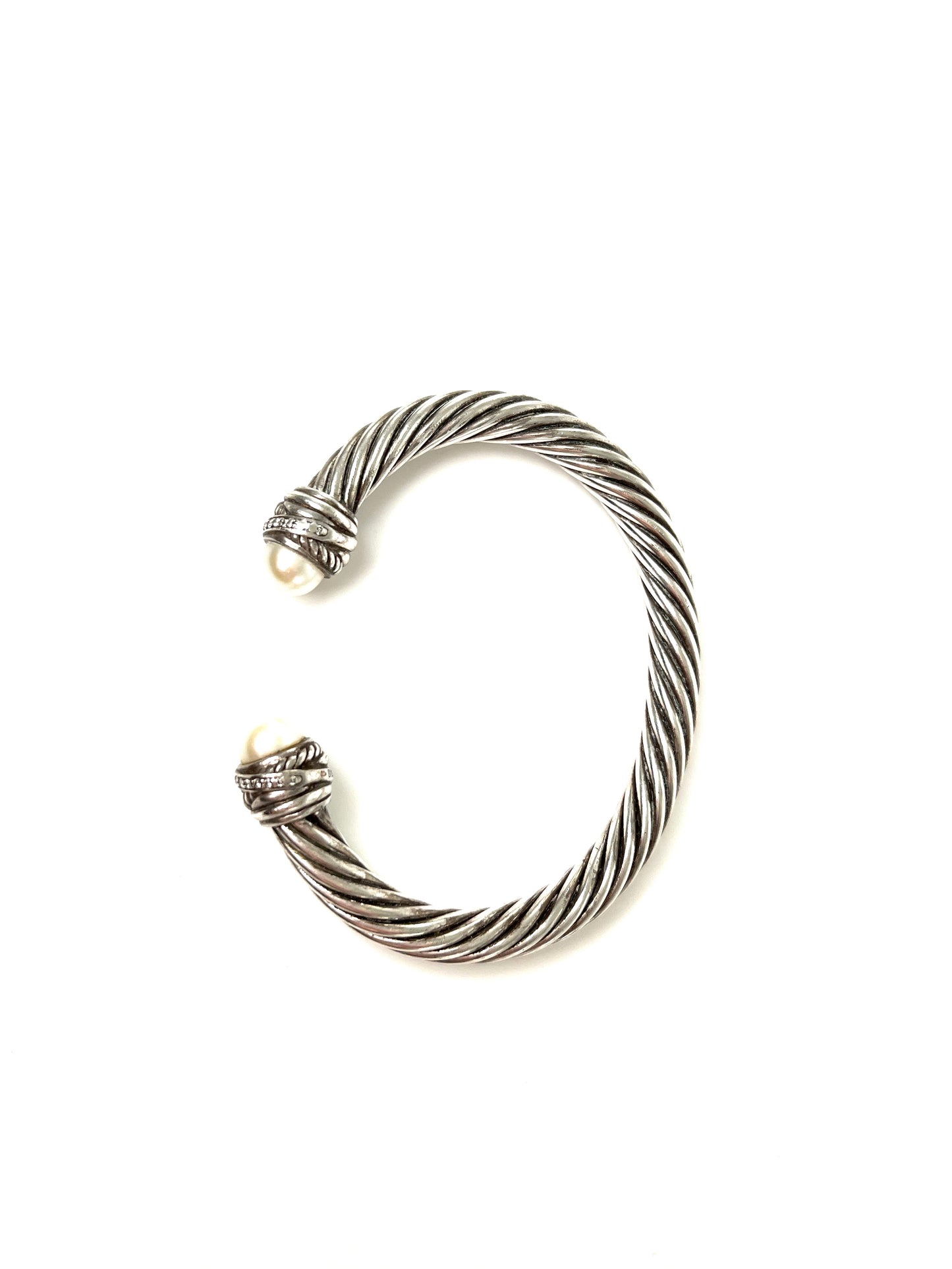 David Yurman Pearl Sterling Silver Diamond Crossover Cable Classic Cuff Bracelet S