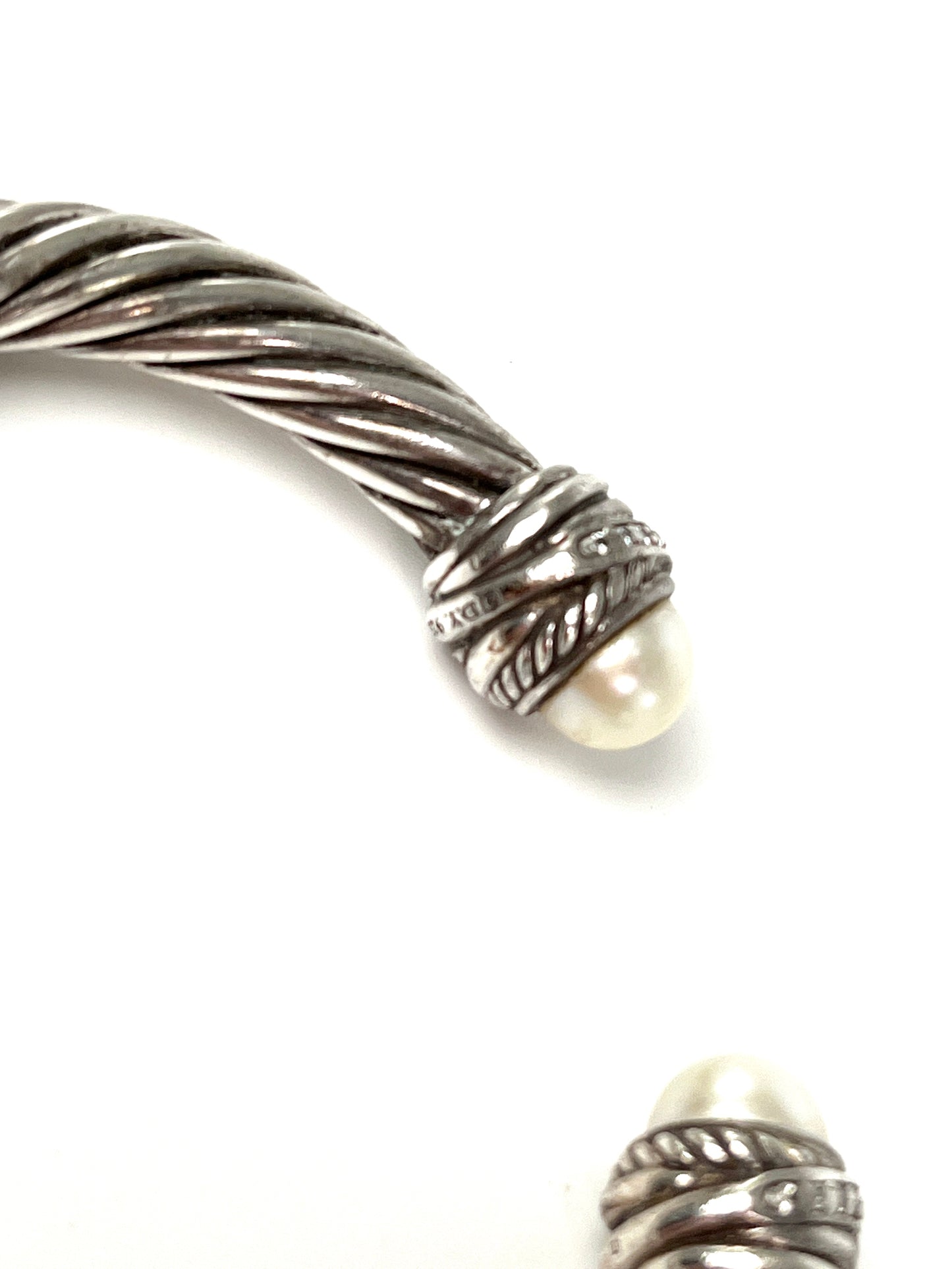 David Yurman Pearl Sterling Silver Diamond Crossover Cable Classic Cuff Bracelet S