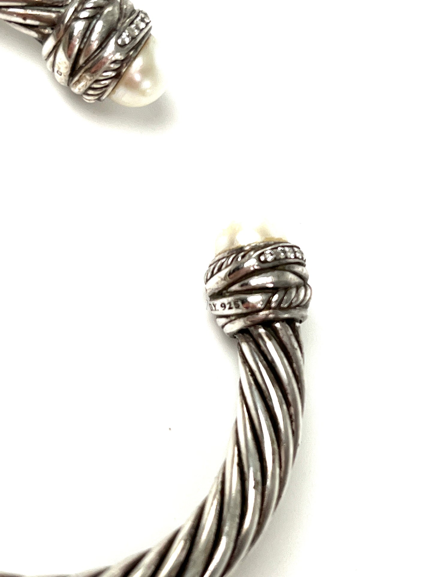 David Yurman Pearl Sterling Silver Diamond Crossover Cable Classic Cuff Bracelet S