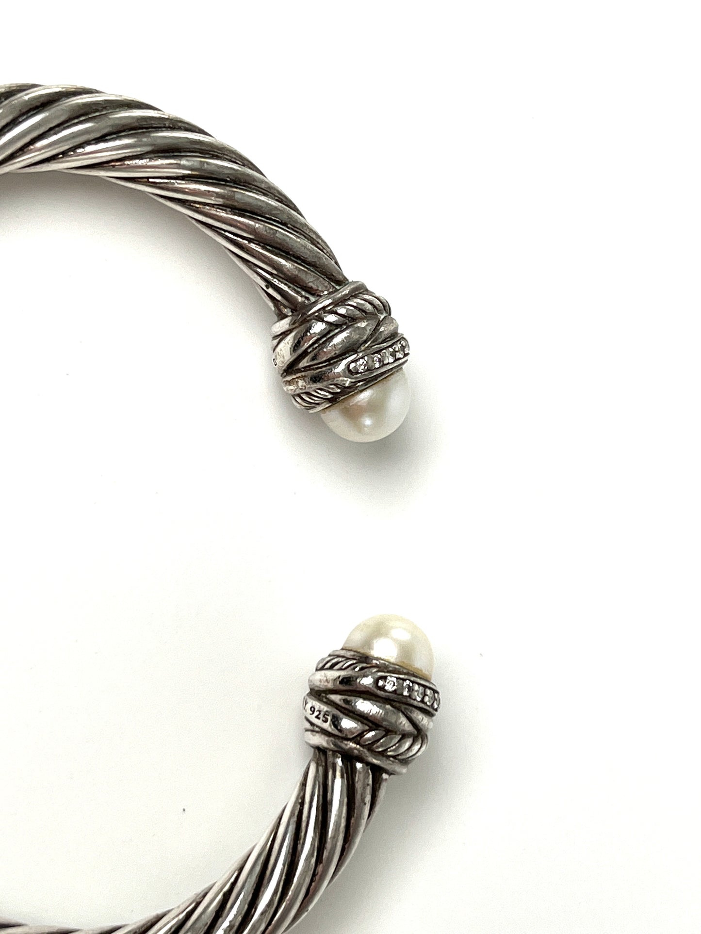 David Yurman Pearl Sterling Silver Diamond Crossover Cable Classic Cuff Bracelet S